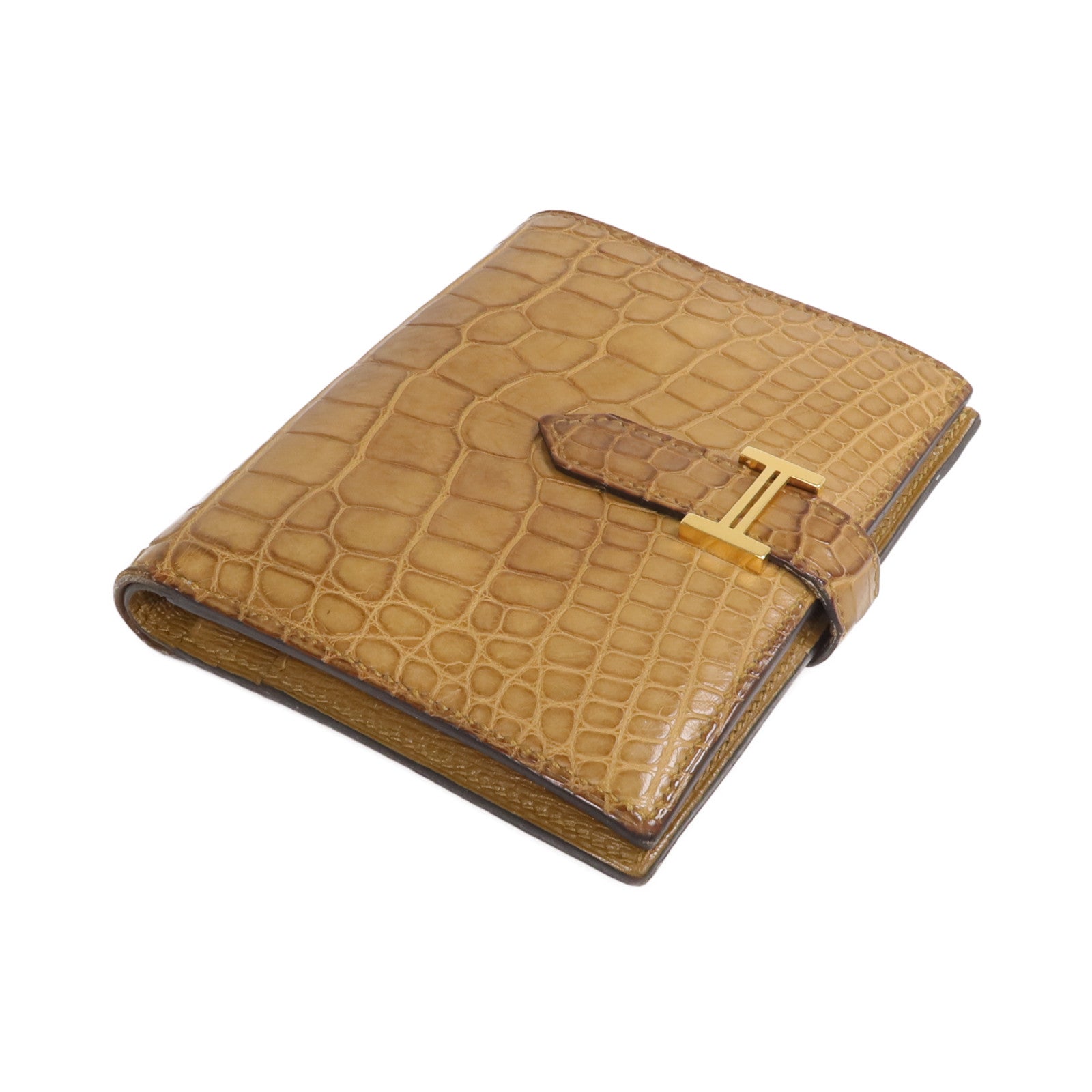 HERMES Alligator Mat皮革Bearn Compact Wallet金扣錢包Sesam