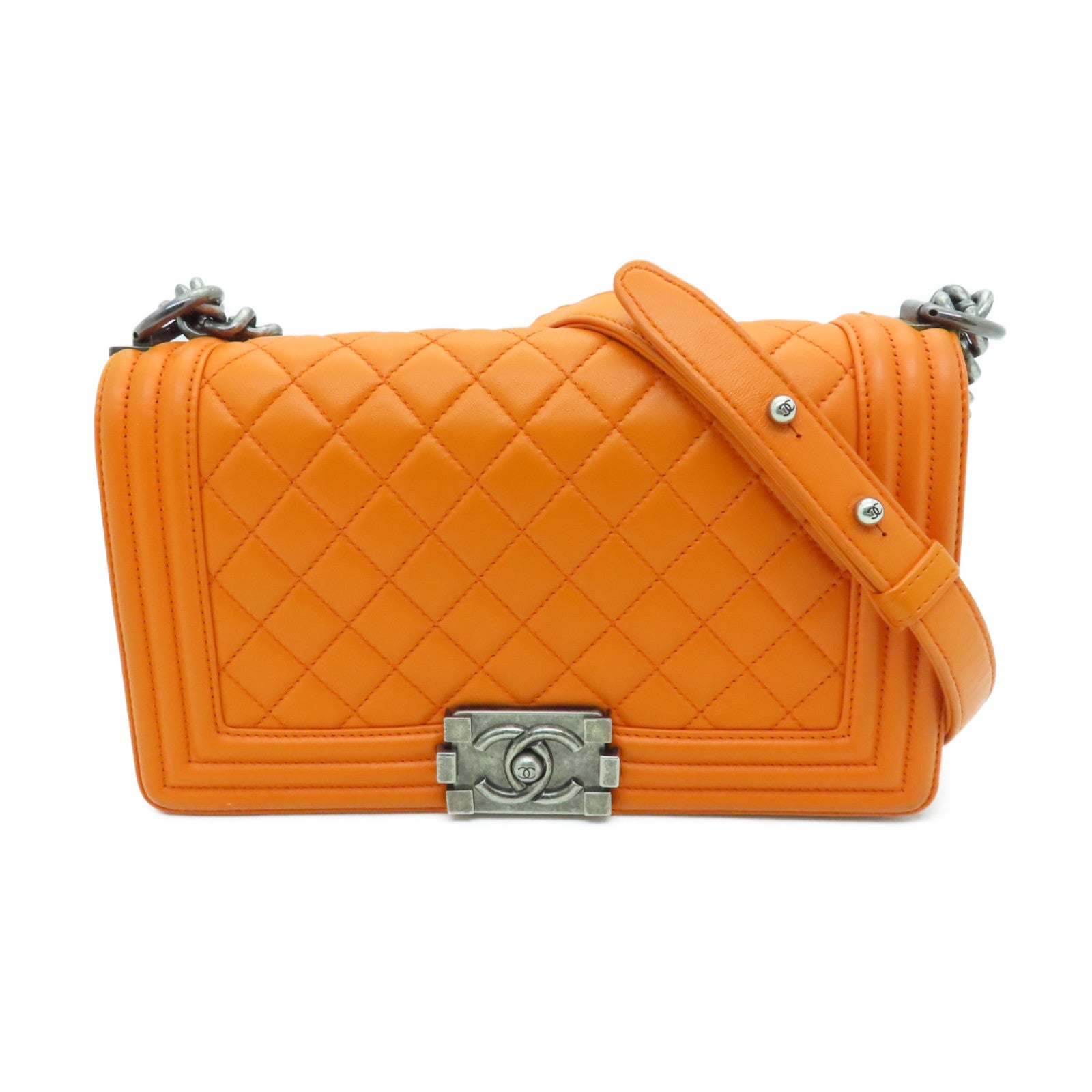 CHANEL diamond lambskin leather Boy 25cm silver buckle shoulder bag orange