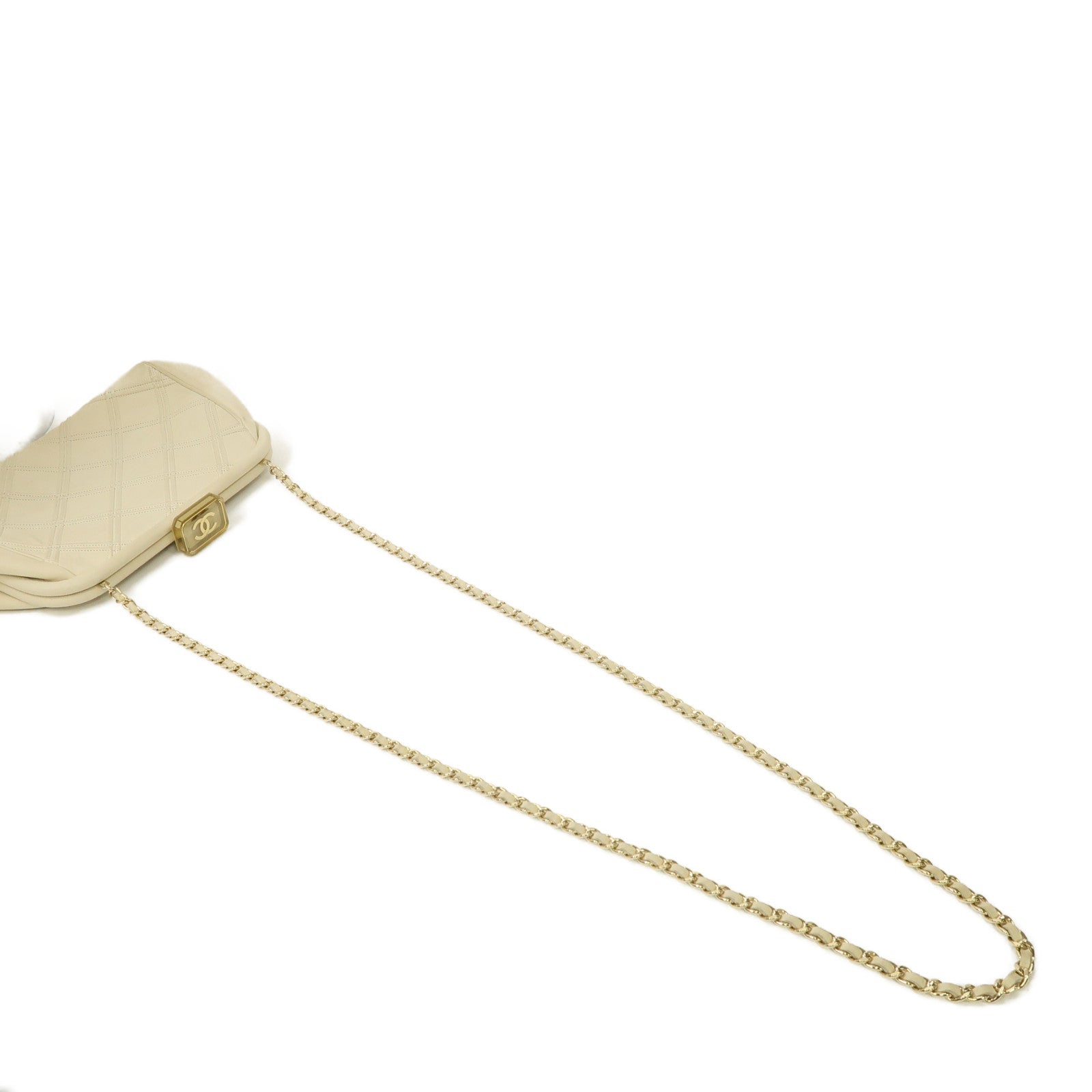 CHANEL 【激減優惠】菱格羊皮皮革Clutch Bag金扣鏈帶肩背袋米色