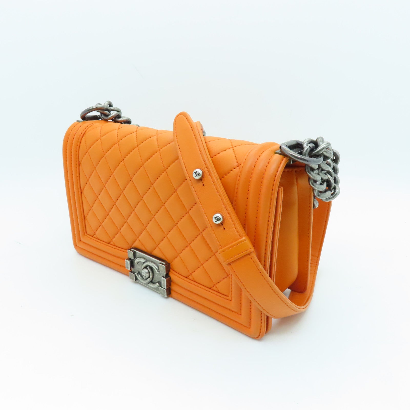 CHANEL diamond lambskin leather Boy 25cm silver buckle shoulder bag orange