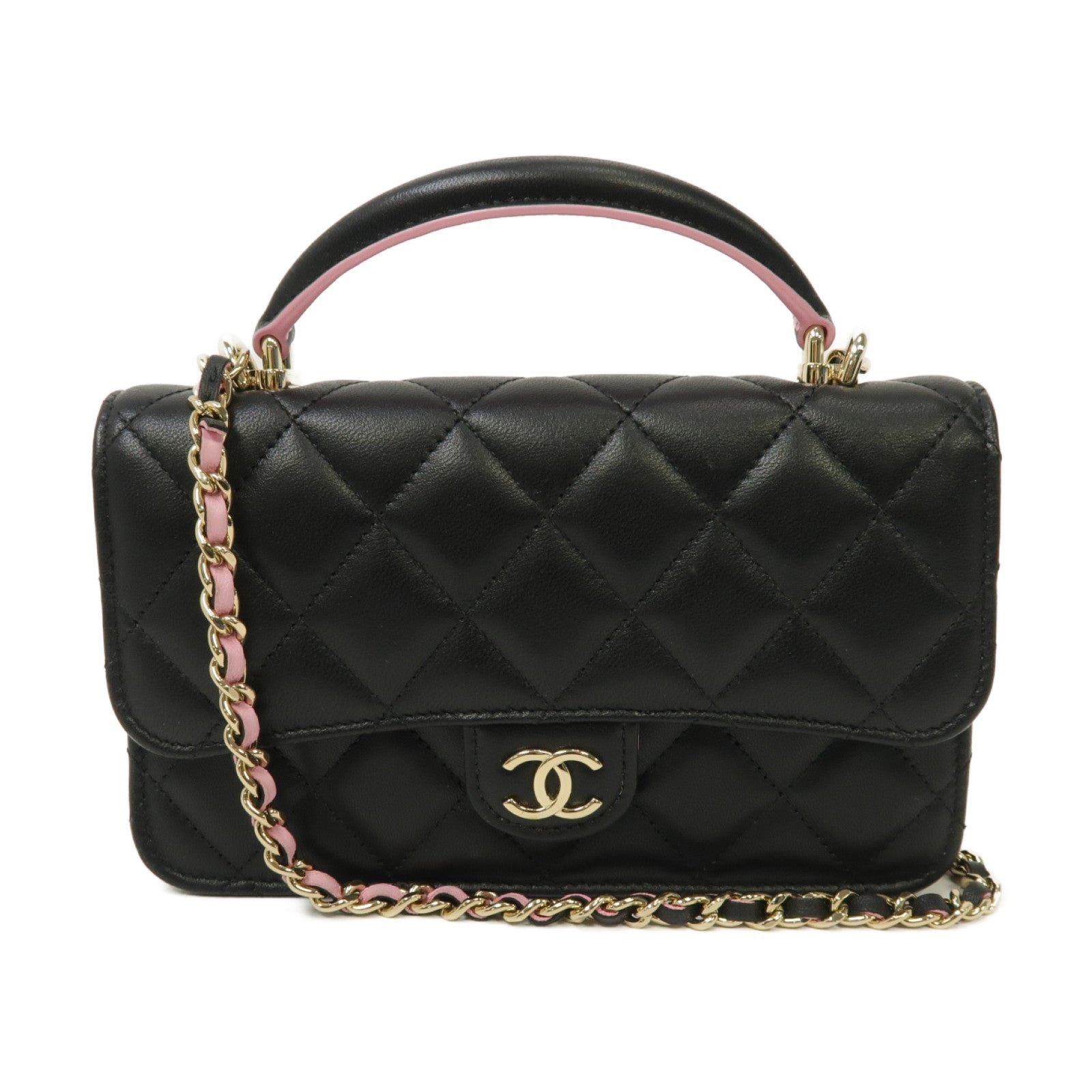 CHANEL 菱格羊皮皮革Chain Phone Bag金扣手挽肩背兩用袋黑色/粉紅色