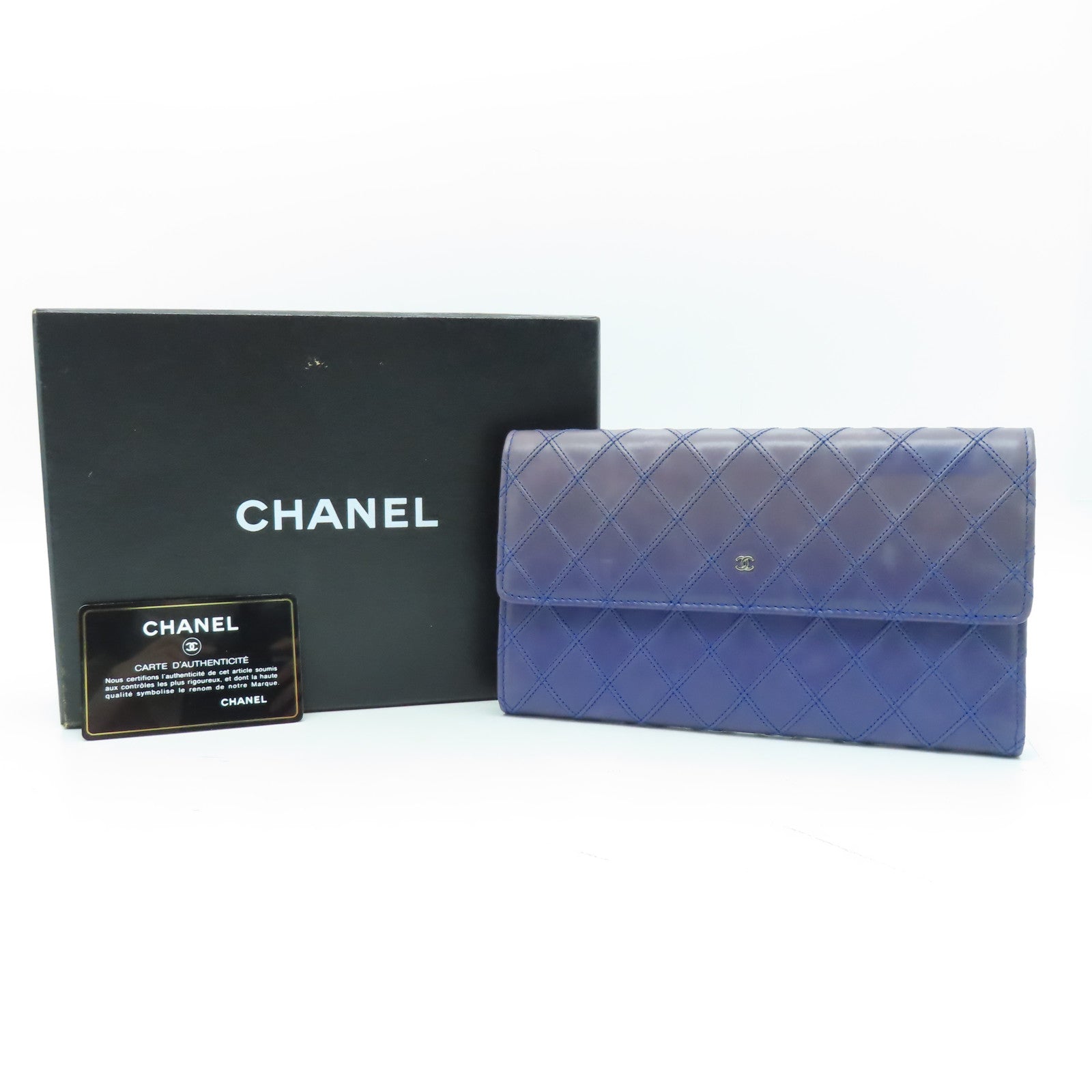 CHANEL 【激減優惠】菱格牛皮皮革Wallet銀扣長錢包藍色