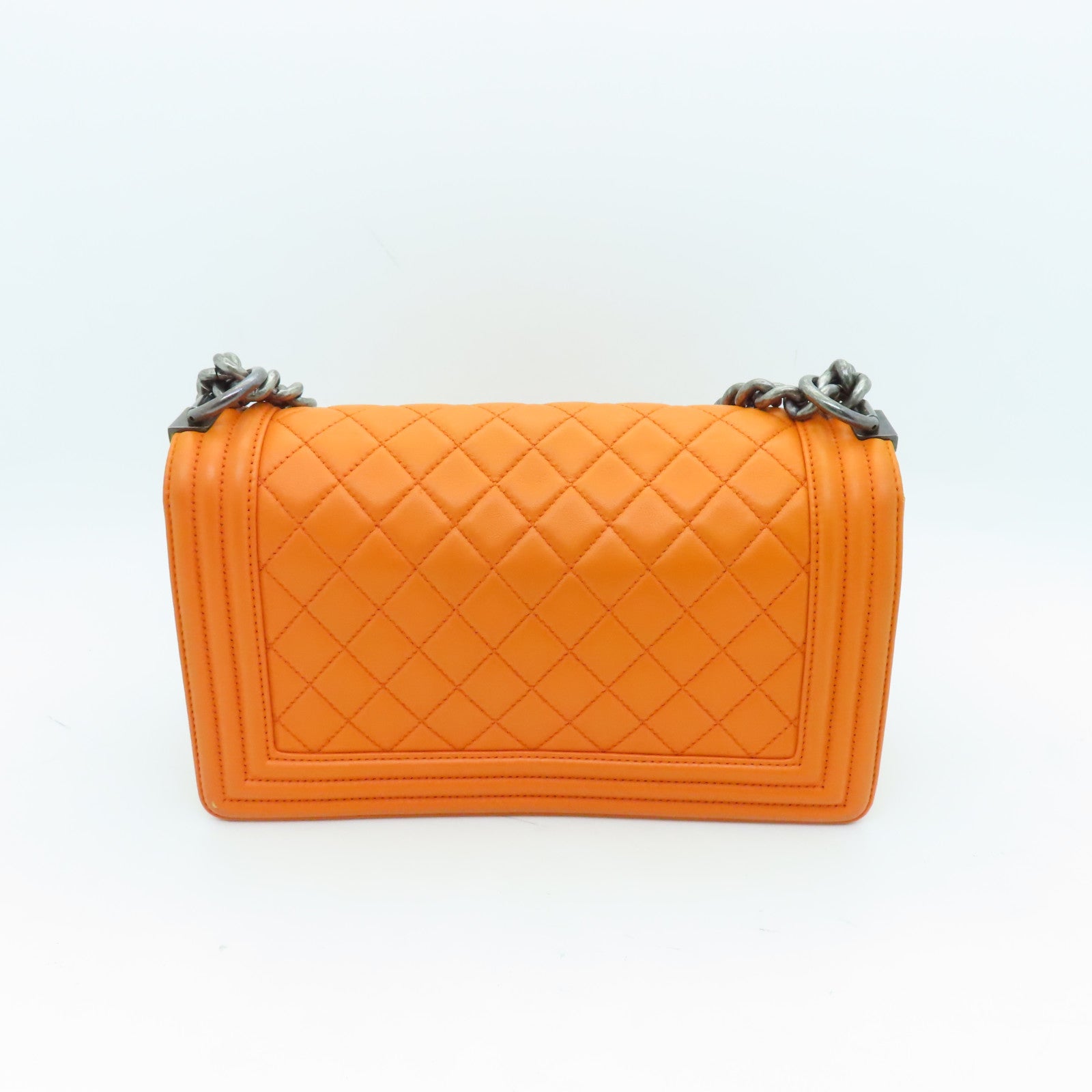 CHANEL diamond lambskin leather Boy 25cm silver buckle shoulder bag orange