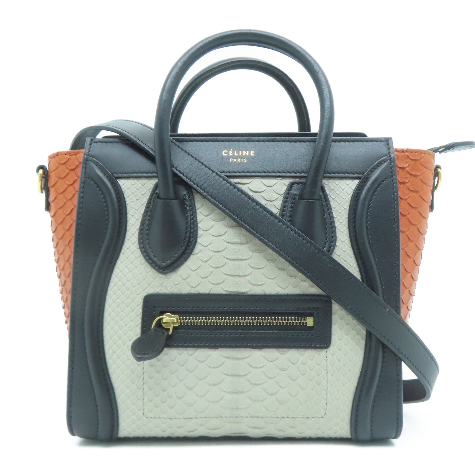 CELINE 【激減優惠】蛇皮皮革Nano Luggage金扣手挽肩背兩用袋灰色/黑色/啡色