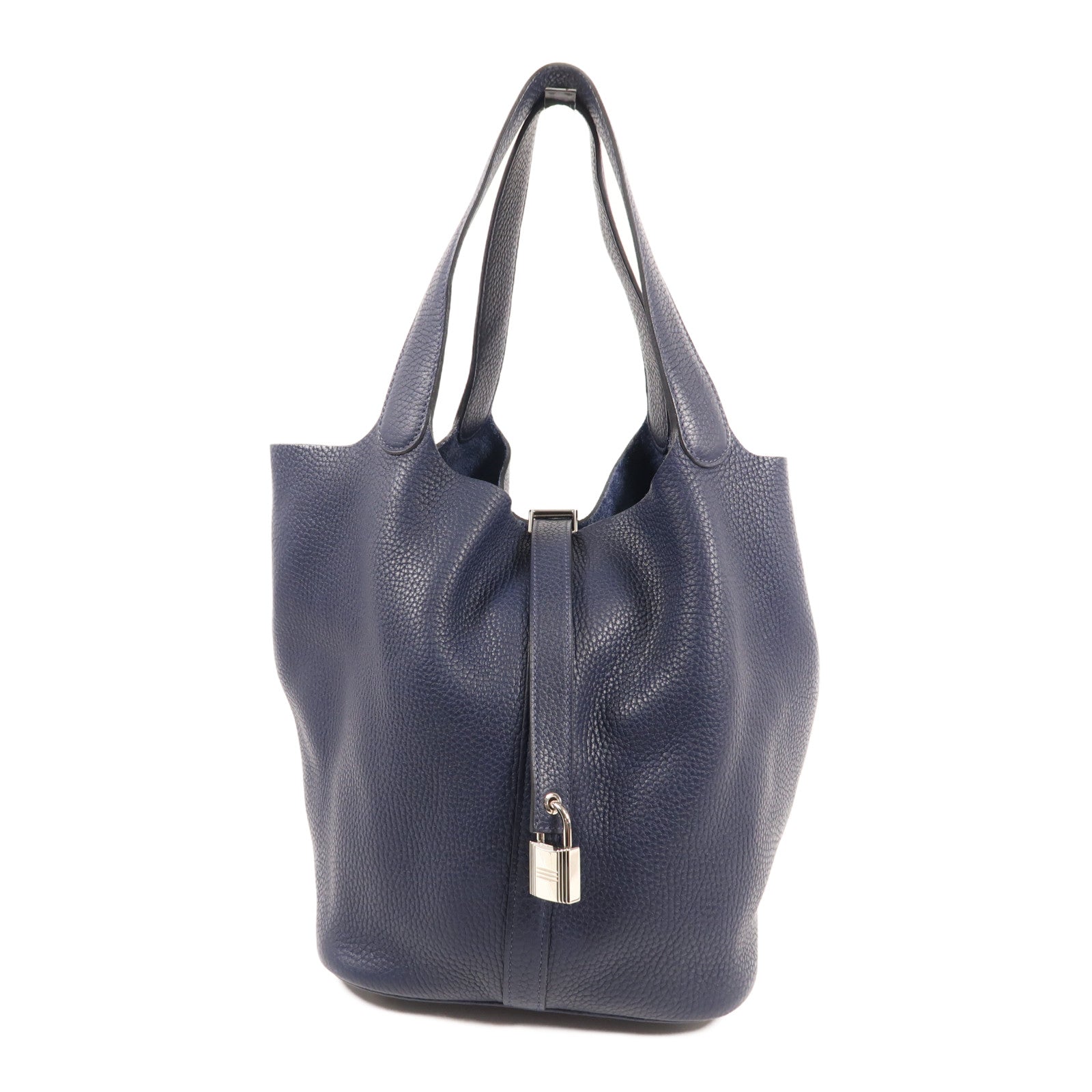 HERMES Clemence皮革Picotin GM銀扣手挽袋Bleu Nuit