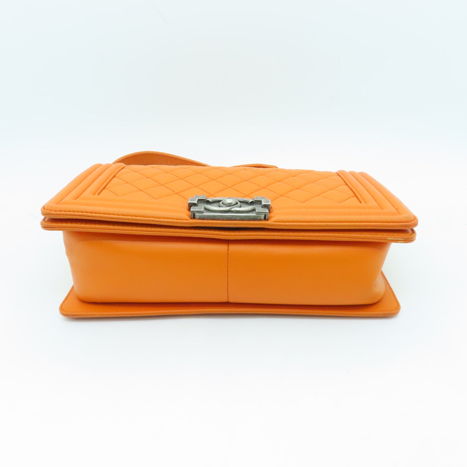 CHANEL diamond lambskin leather Boy 25cm silver buckle shoulder bag orange