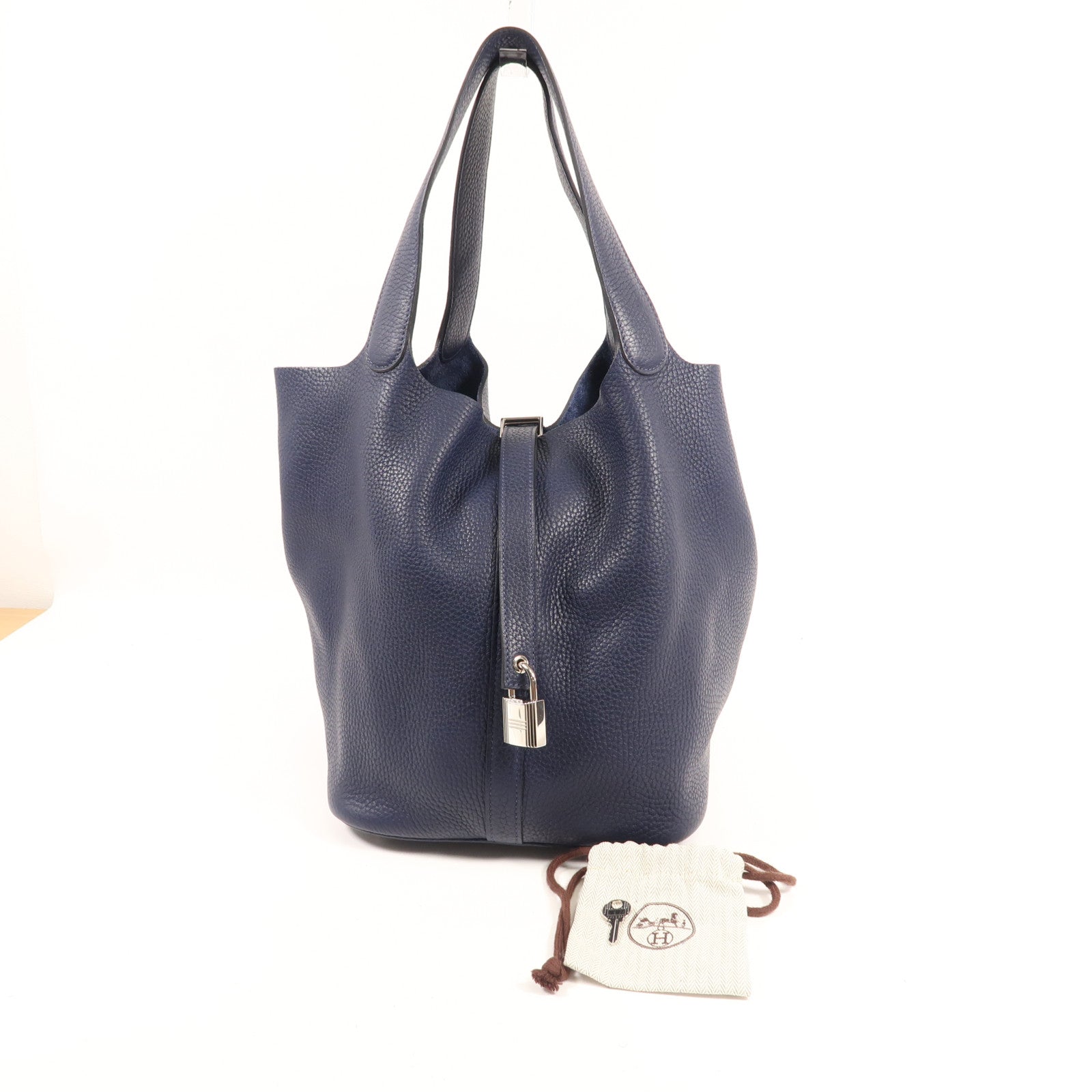 HERMES Clemence皮革Picotin GM銀扣手挽袋Bleu Nuit