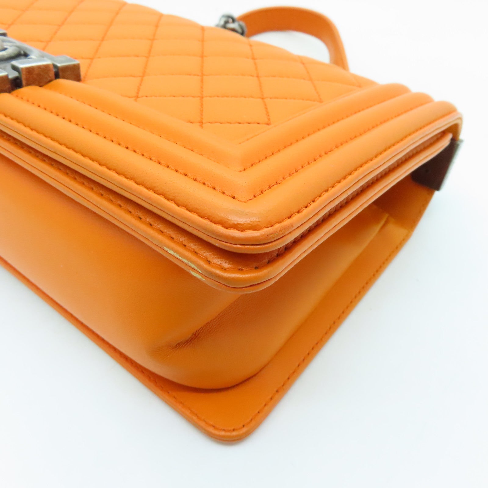 CHANEL diamond lambskin leather Boy 25cm silver buckle shoulder bag orange