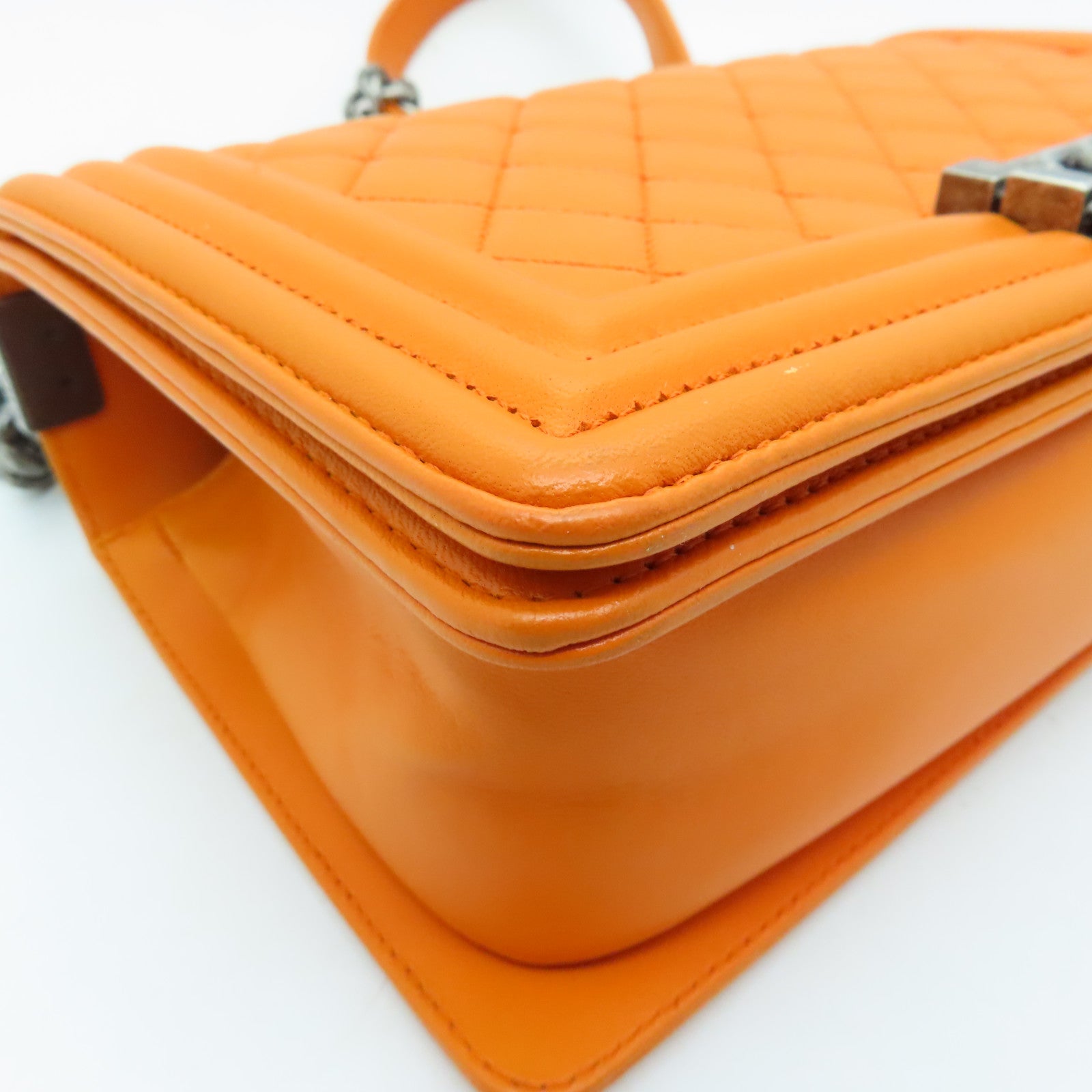 CHANEL diamond lambskin leather Boy 25cm silver buckle shoulder bag orange
