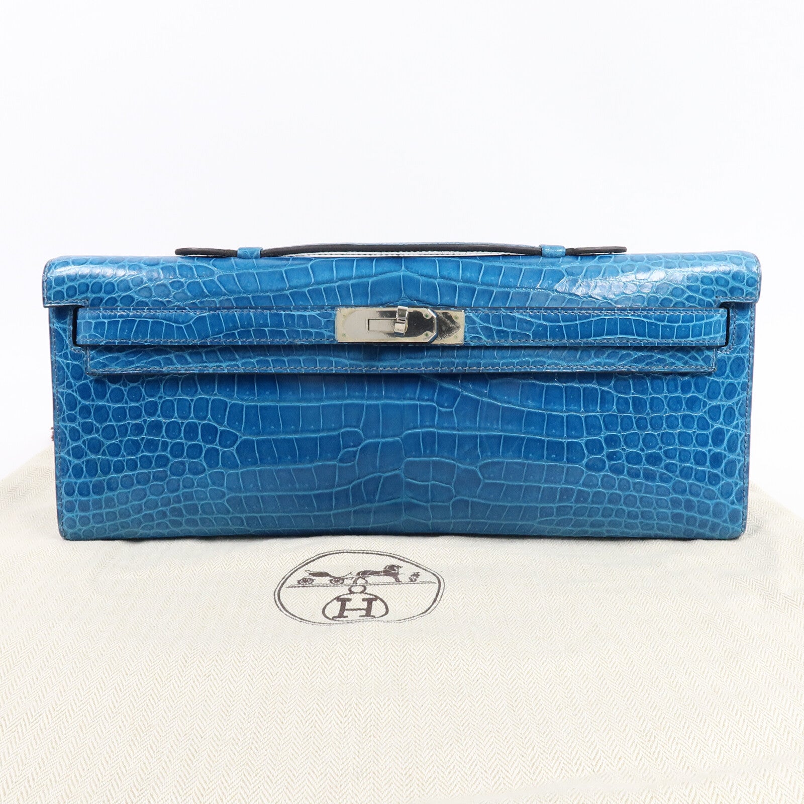 HERMES Porosus Crocodile Kelly Cut手拿包Bleu Izmir