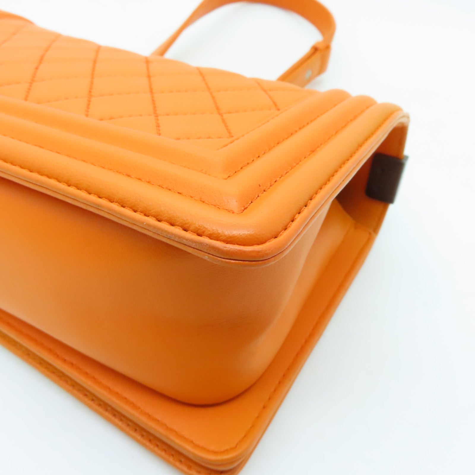 CHANEL diamond lambskin leather Boy 25cm silver buckle shoulder bag orange