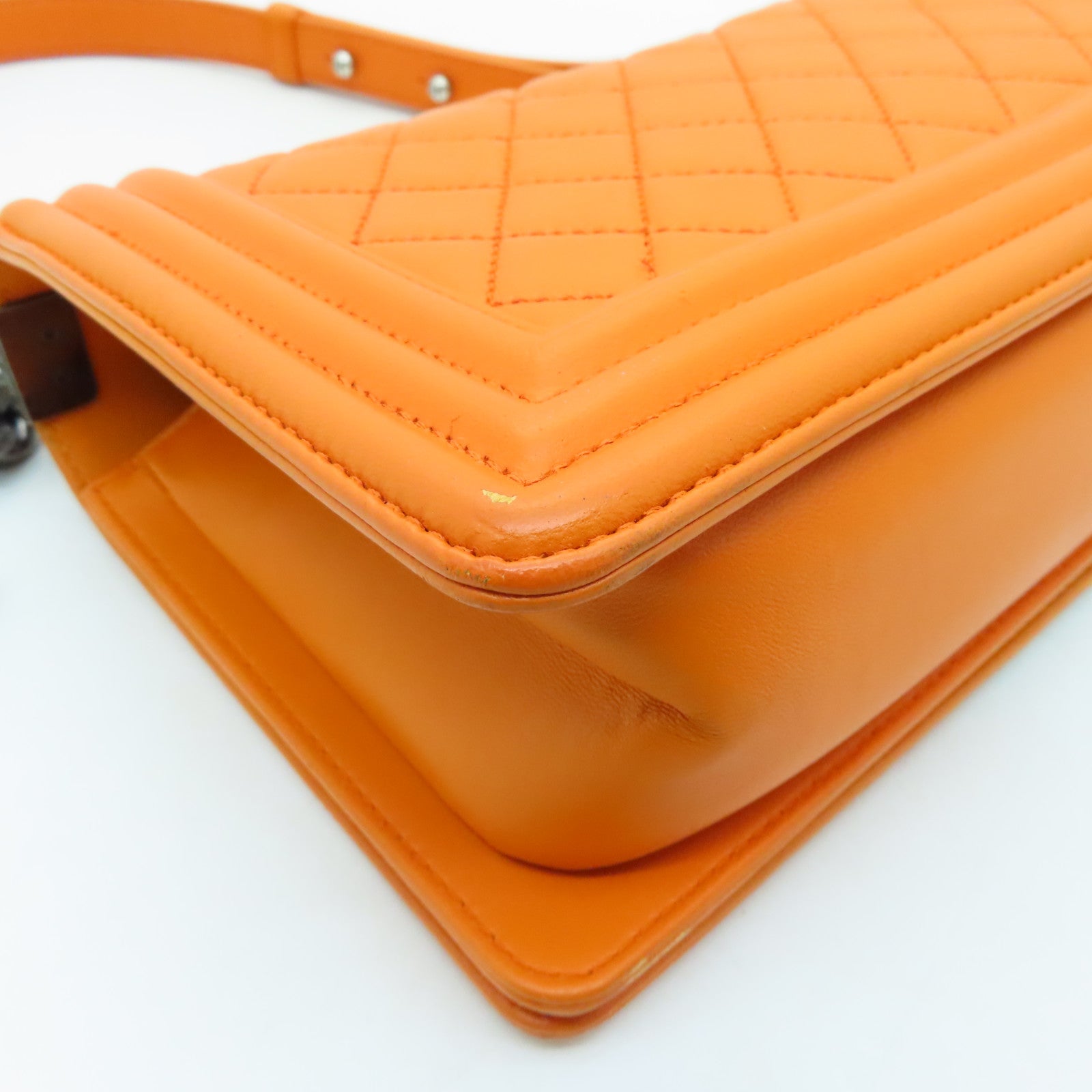 CHANEL diamond lambskin leather Boy 25cm silver buckle shoulder bag orange