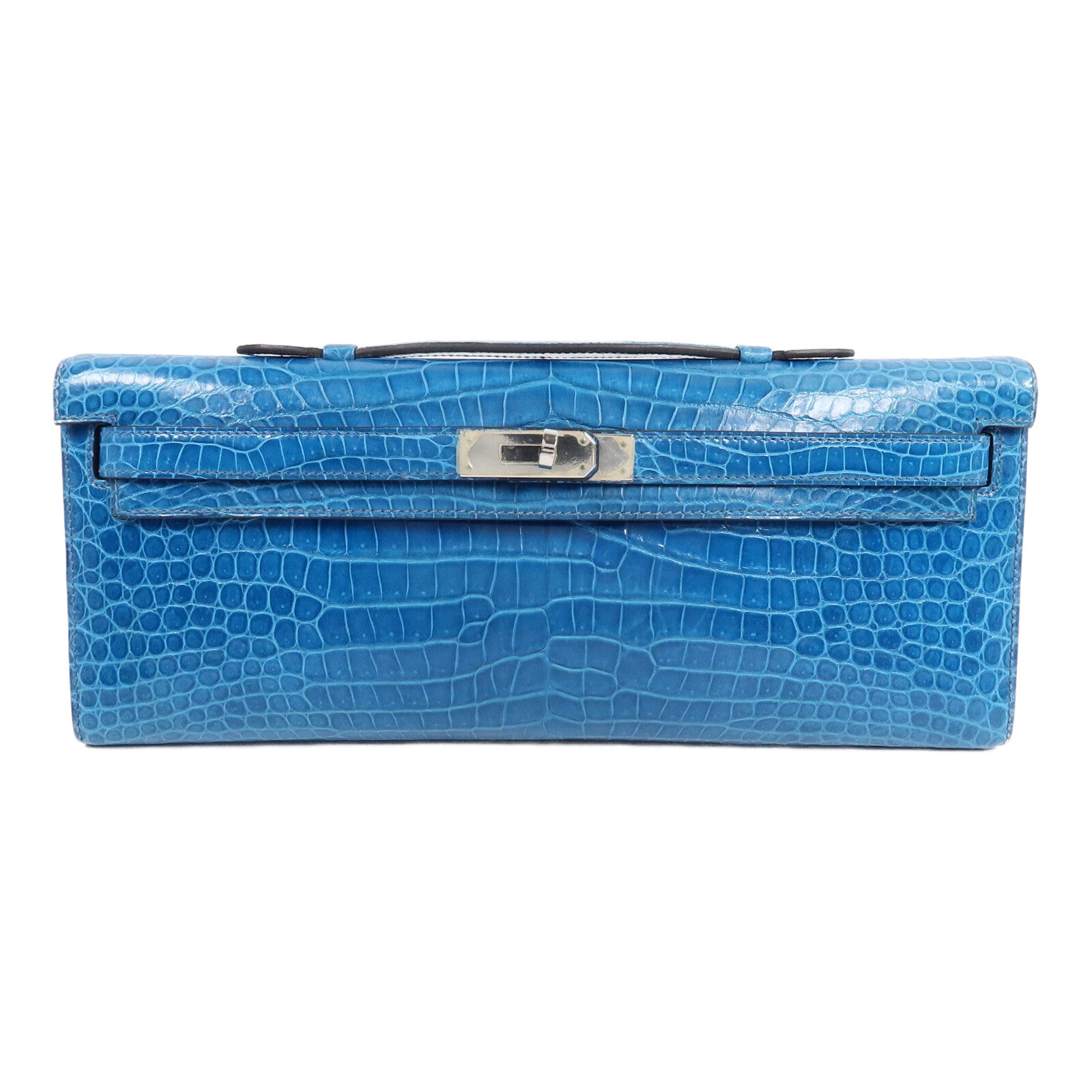 HERMES Porosus Crocodile Kelly Cut手拿包Bleu Izmir