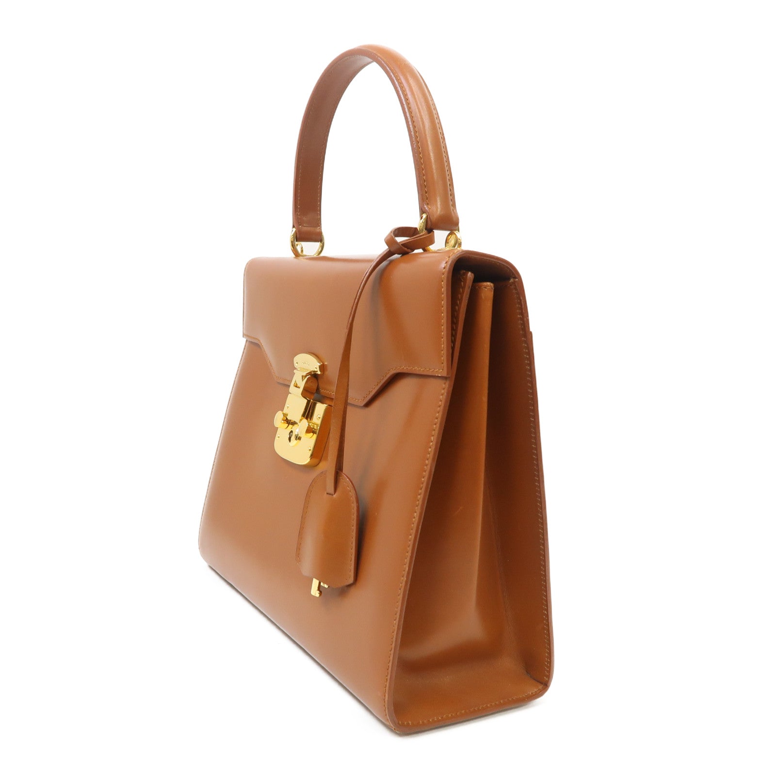GUCCI 皮革Vintage Kelly Rare Lady金扣手挽袋棕色