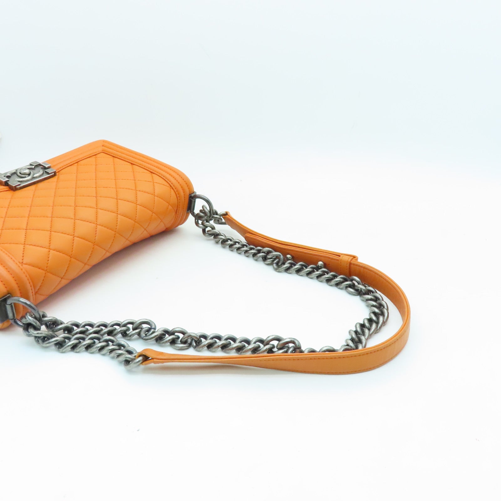 CHANEL diamond lambskin leather Boy 25cm silver buckle shoulder bag orange