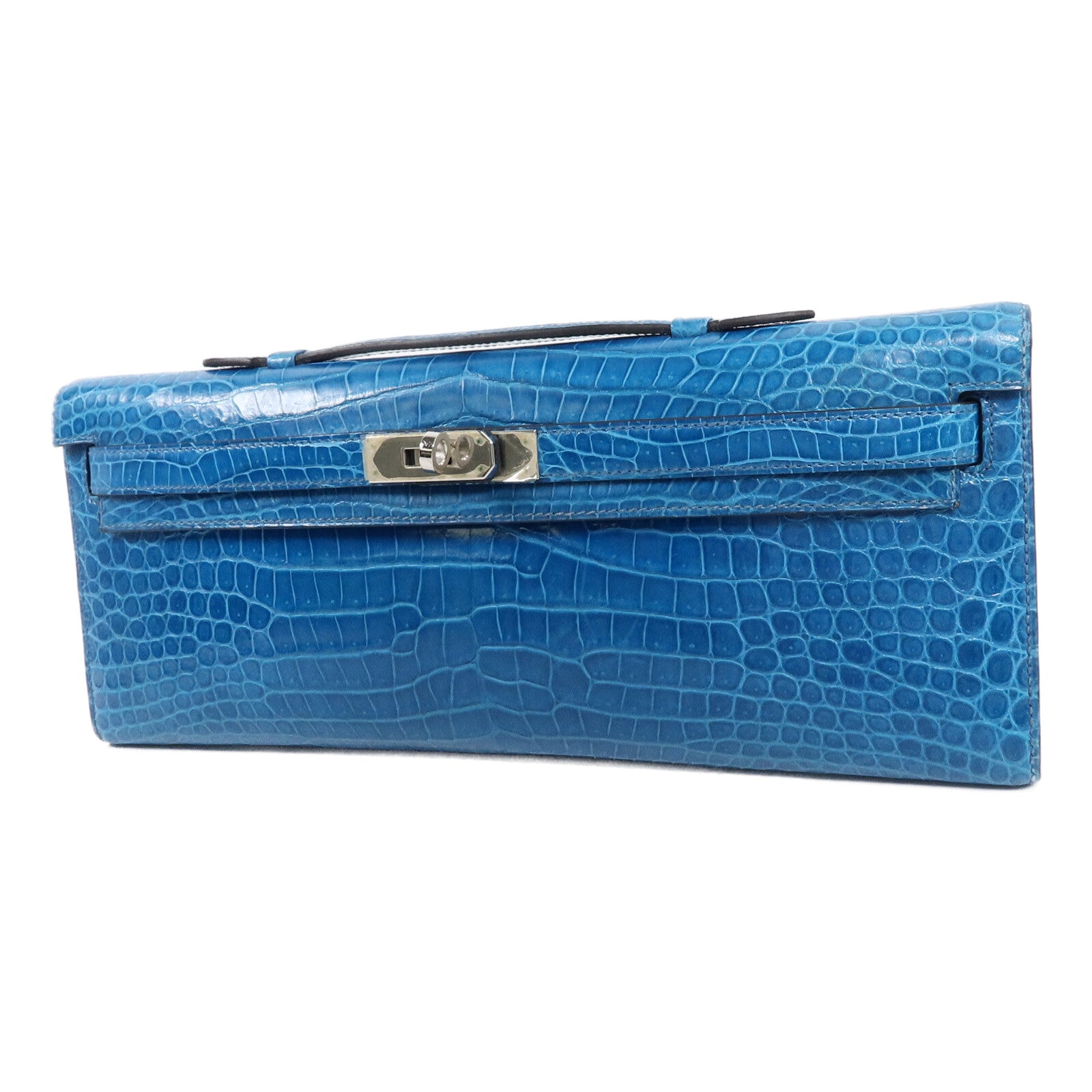 HERMES Porosus Crocodile Kelly Cut手拿包Bleu Izmir
