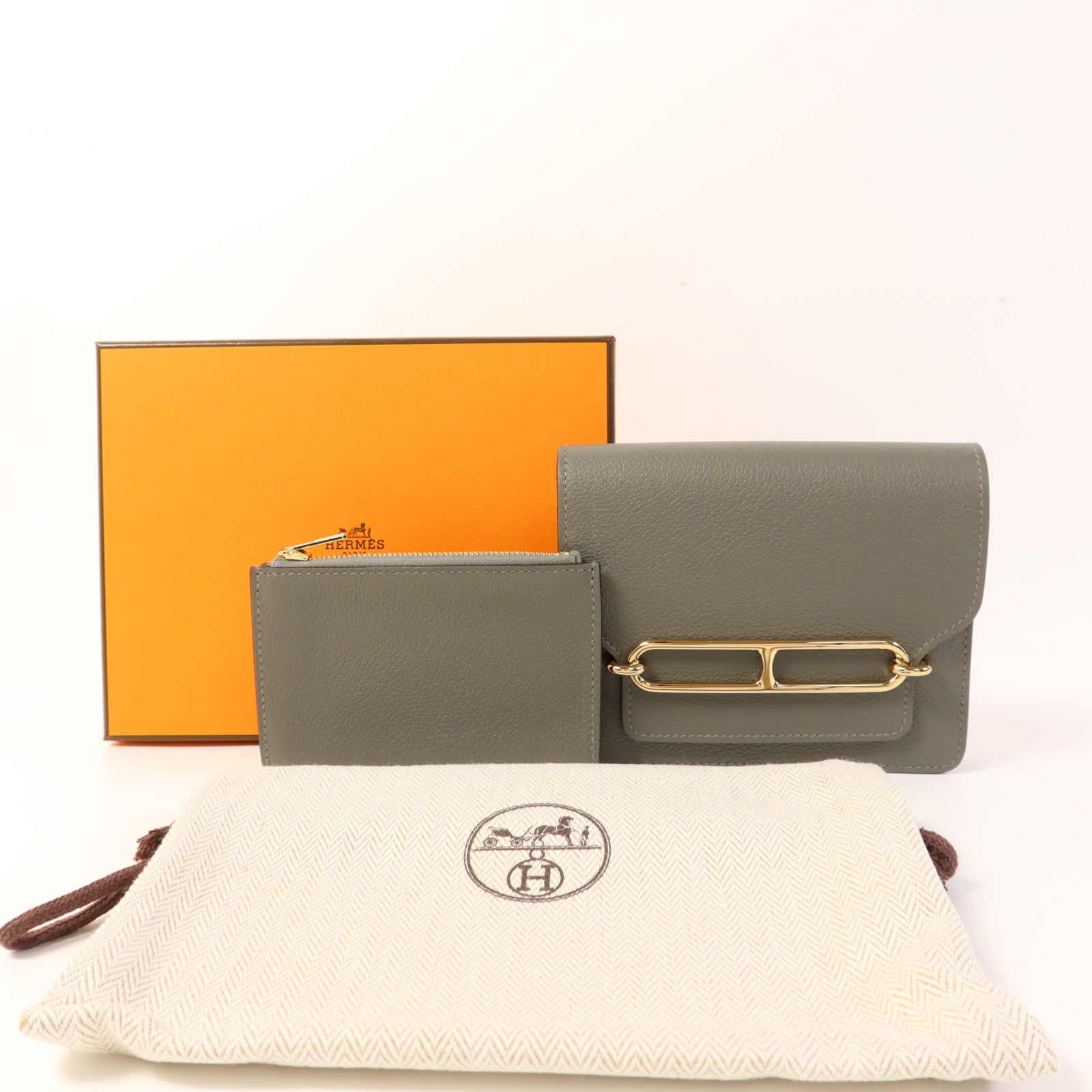 HERMES Evercolor皮革Roulis Slim金扣手拿包Gris Meyer
