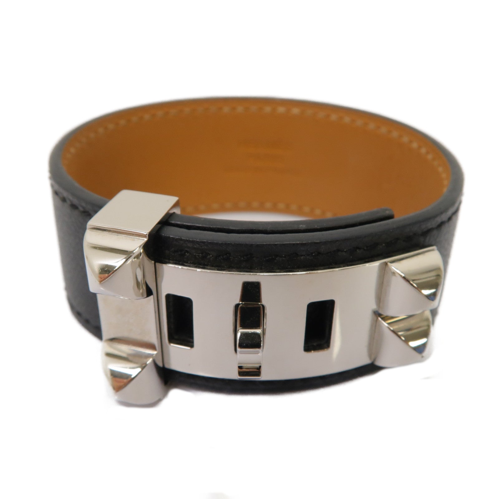 HERMES Epsom皮革/金屬Collier de Chien 24 Bracelet手鐲黒色/銀色