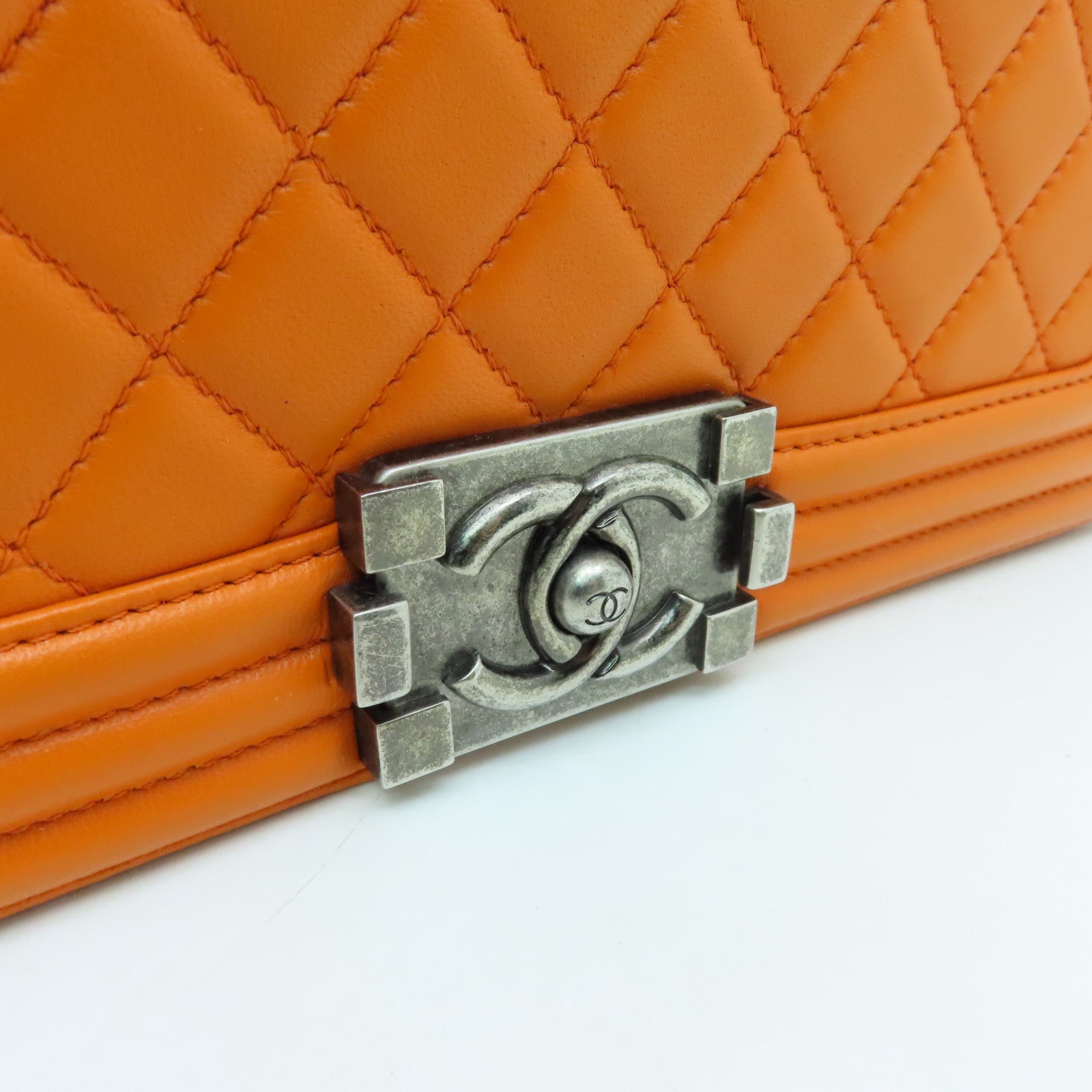 CHANEL diamond lambskin leather Boy 25cm silver buckle shoulder bag orange