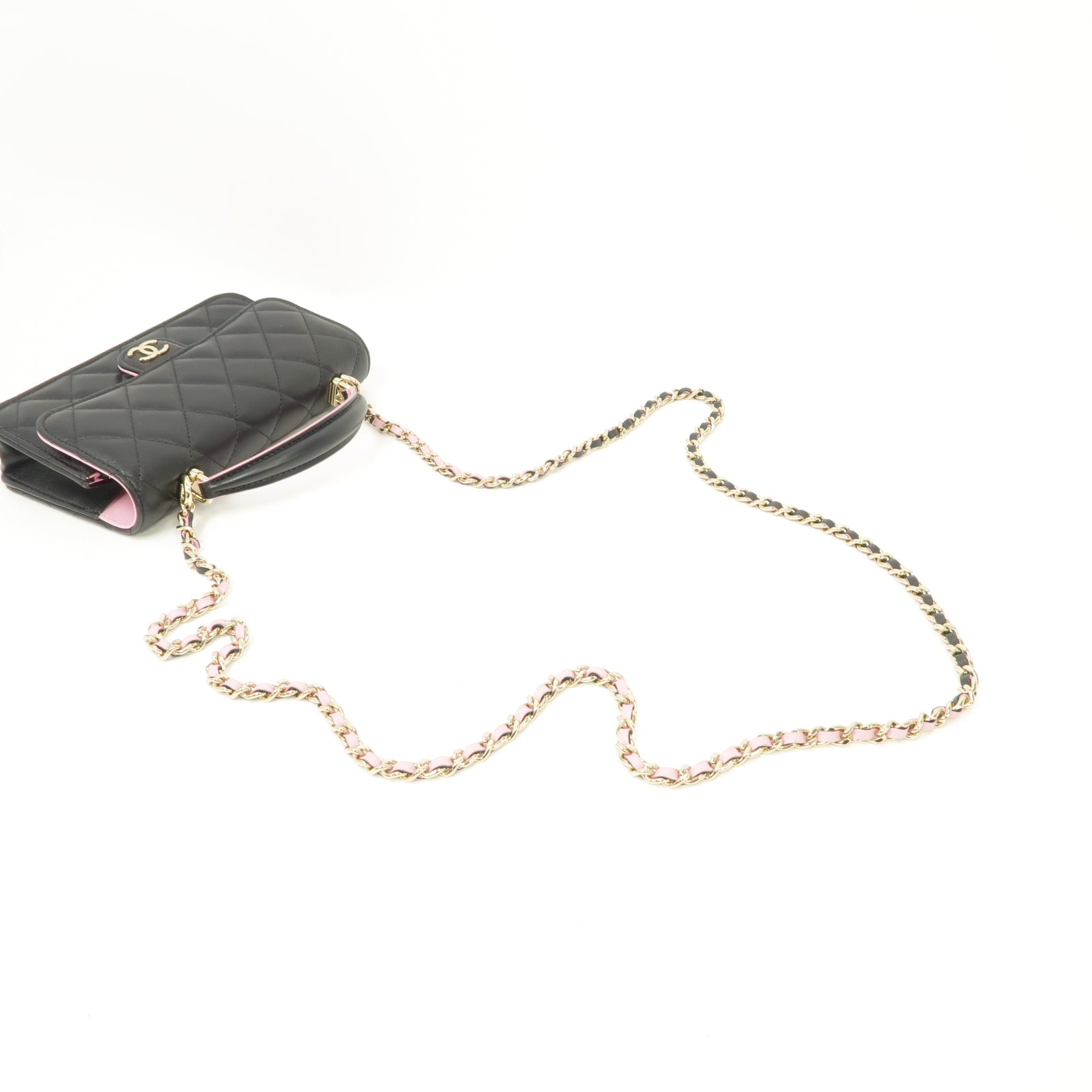 CHANEL 菱格羊皮皮革Chain Phone Bag金扣手挽肩背兩用袋黑色/粉紅色