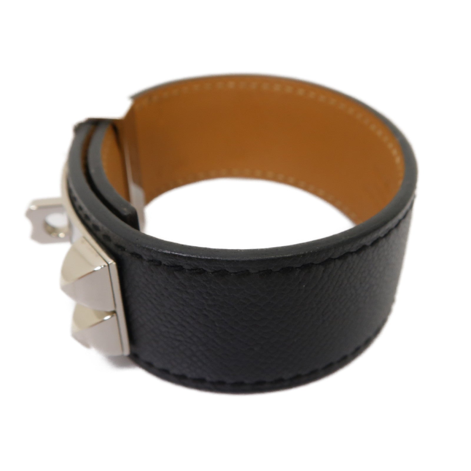 HERMES Epsom皮革/金屬Collier de Chien 24 Bracelet手鐲黒色/銀色