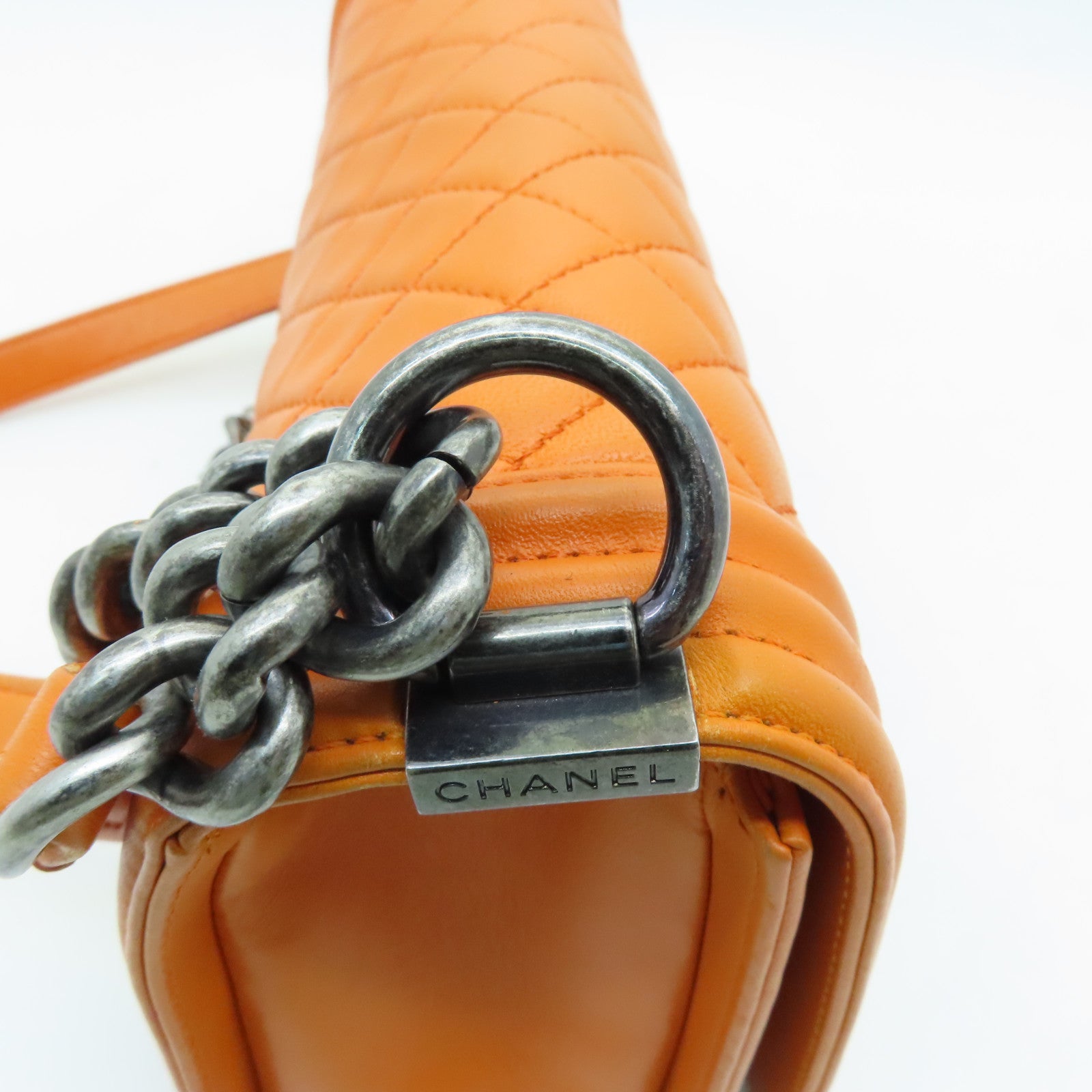 CHANEL diamond lambskin leather Boy 25cm silver buckle shoulder bag orange