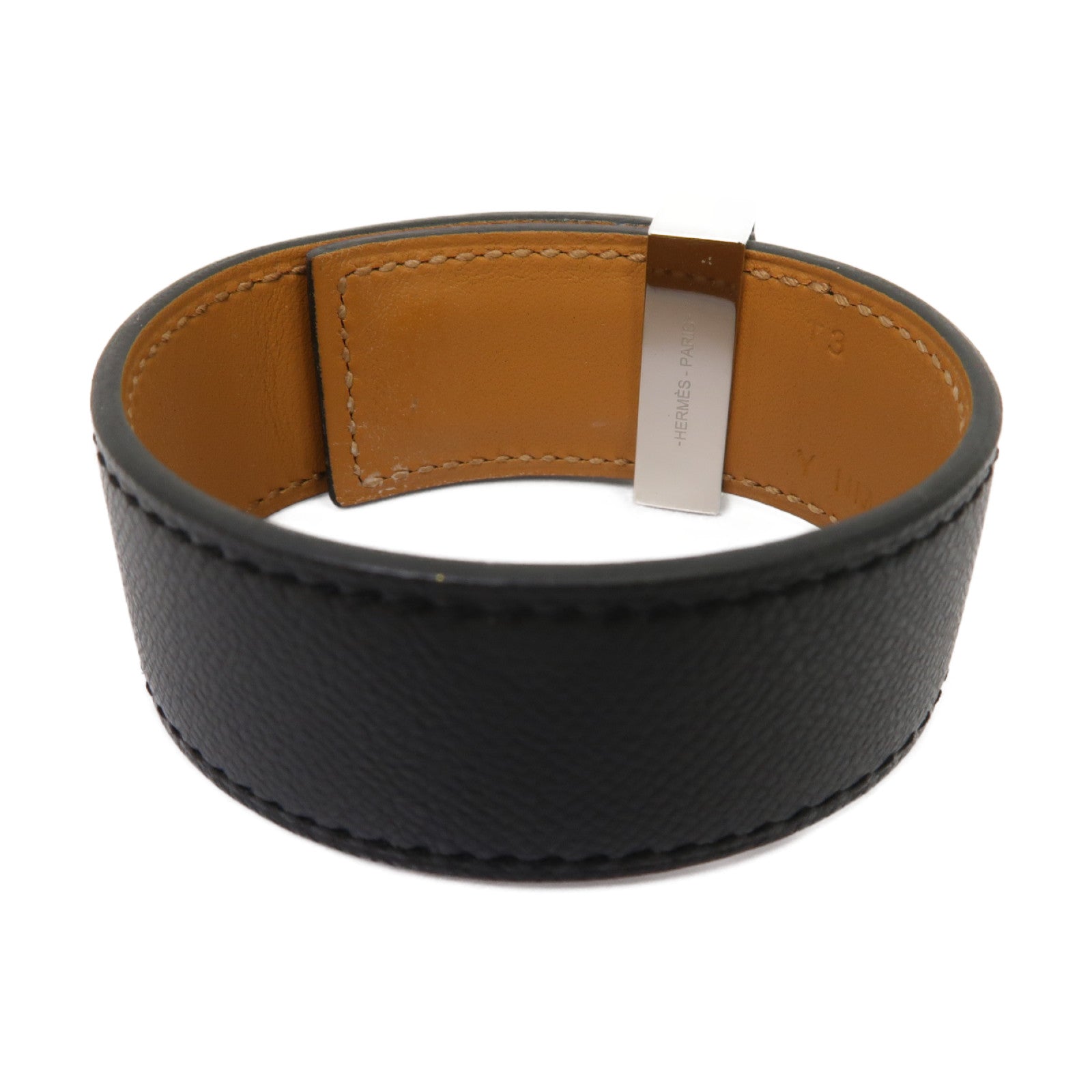 HERMES Epsom皮革/金屬Collier de Chien 24 Bracelet手鐲黒色/銀色