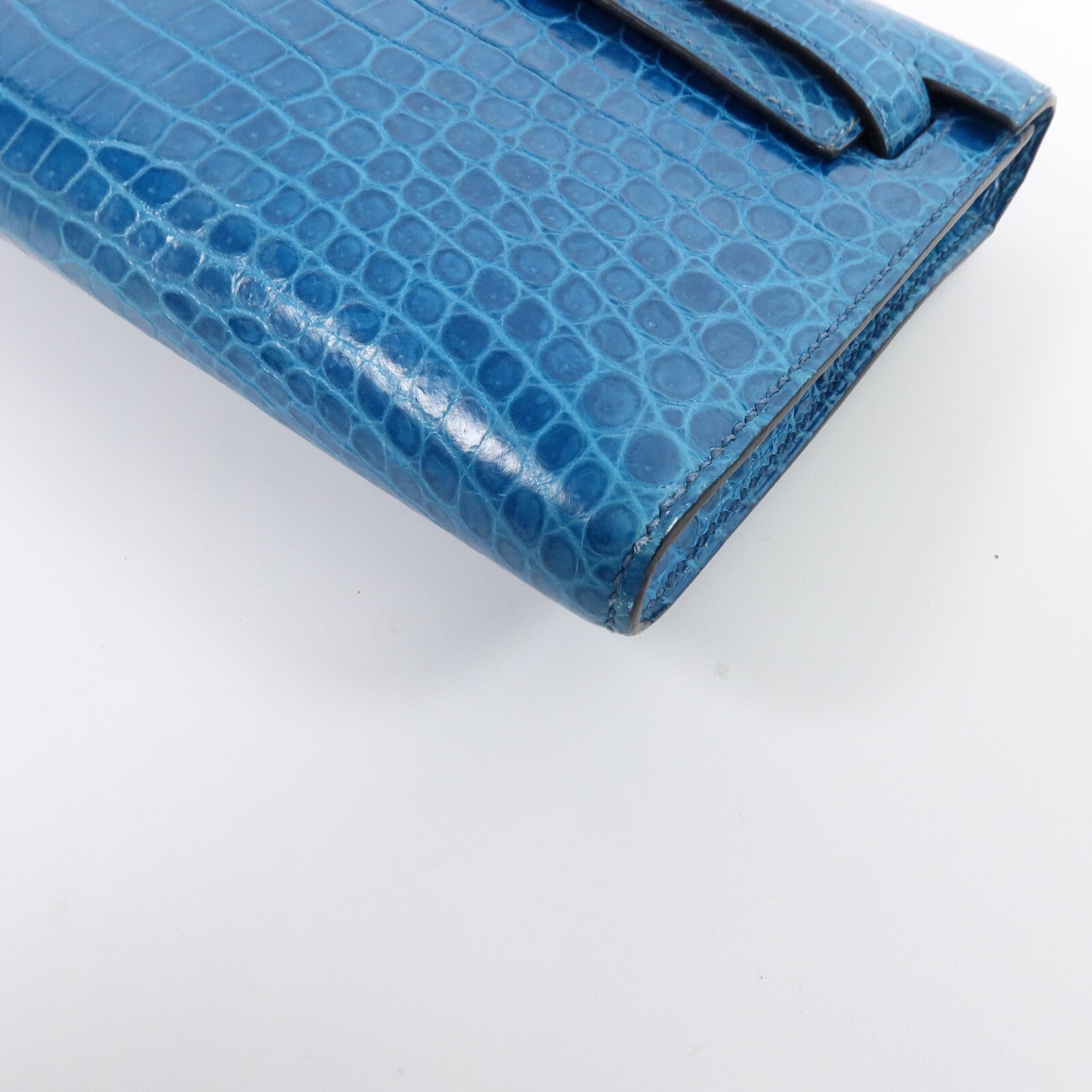 HERMES Porosus Crocodile Kelly Cut手拿包Bleu Izmir