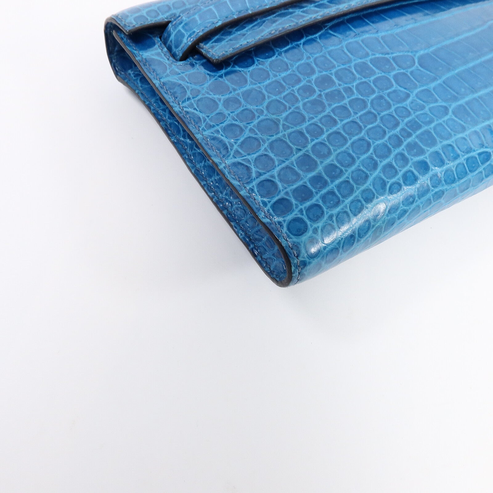 HERMES Porosus Crocodile Kelly Cut手拿包Bleu Izmir