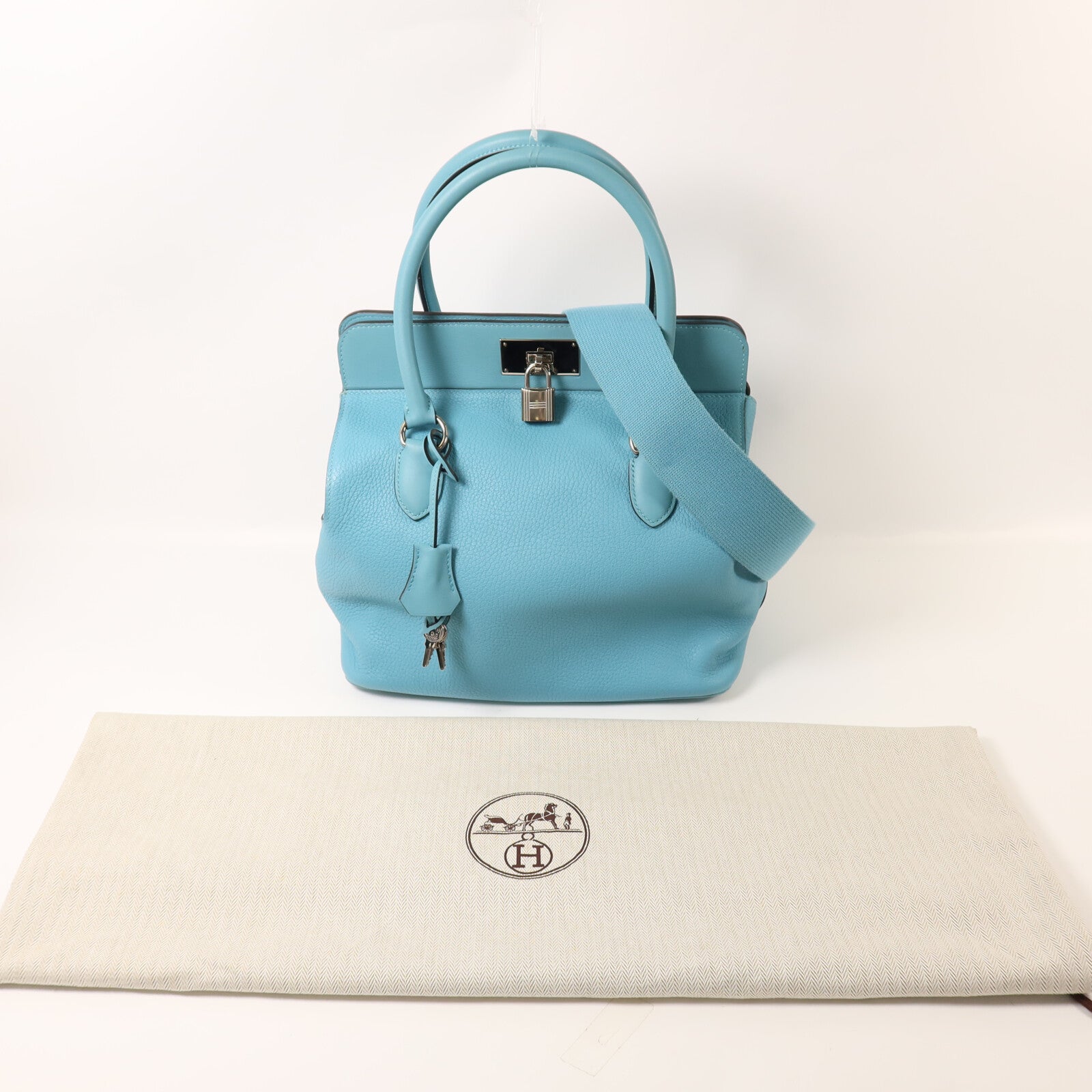 HERMES Clemence皮革Toolbox 26手挽肩背兩用袋Bleu Saint Cyr