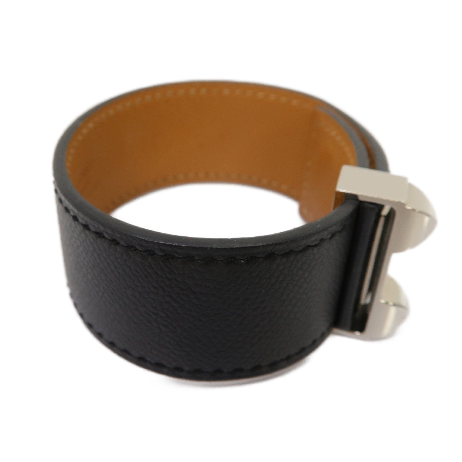 HERMES Epsom皮革/金屬Collier de Chien 24 Bracelet手鐲黒色/銀色