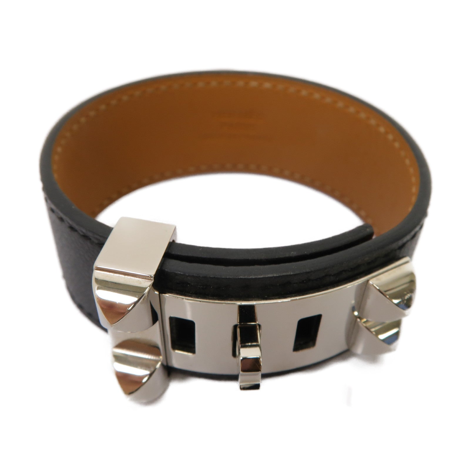 HERMES Epsom皮革/金屬Collier de Chien 24 Bracelet手鐲黒色/銀色