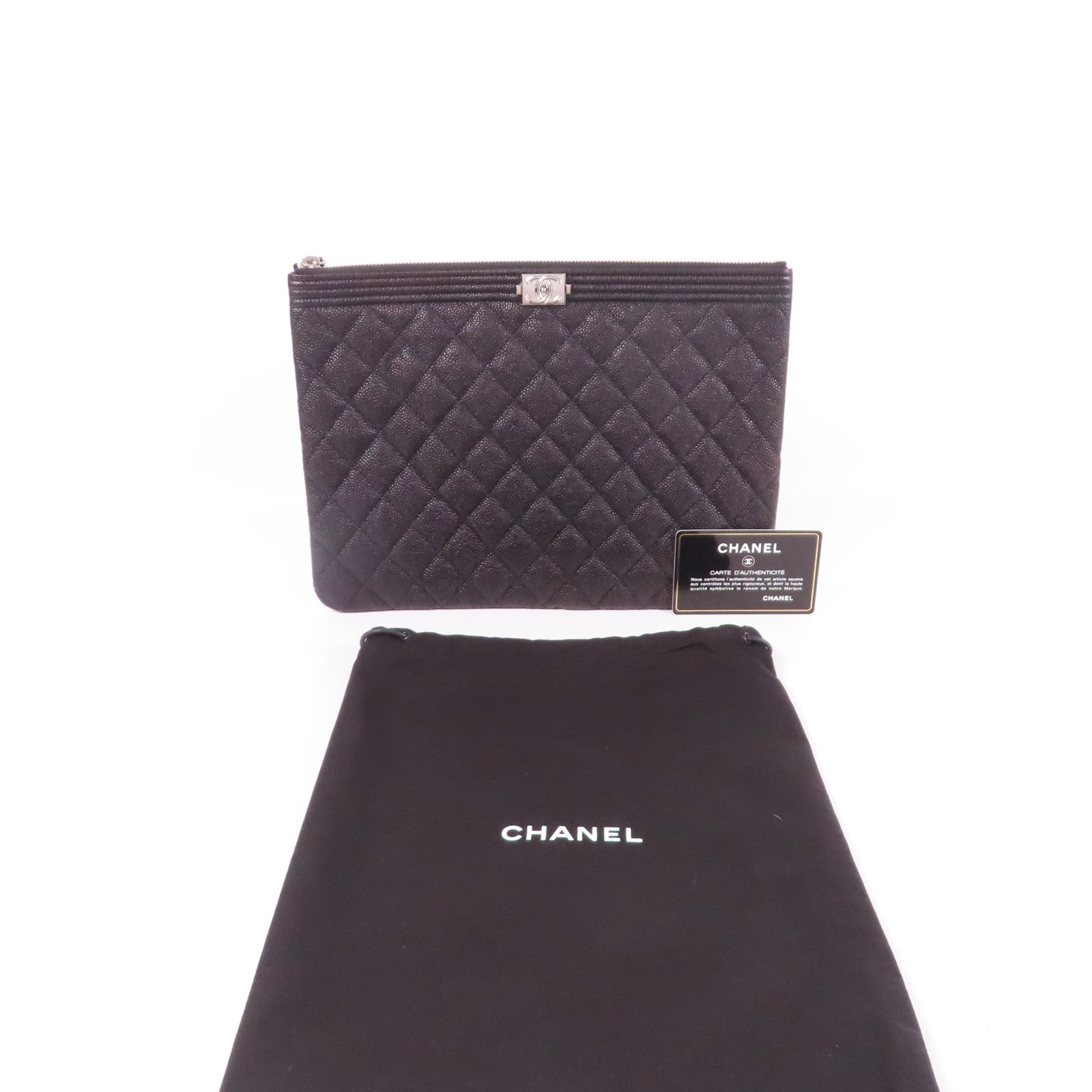 CHANEL 牛皮皮革Pouch銀扣手拿包