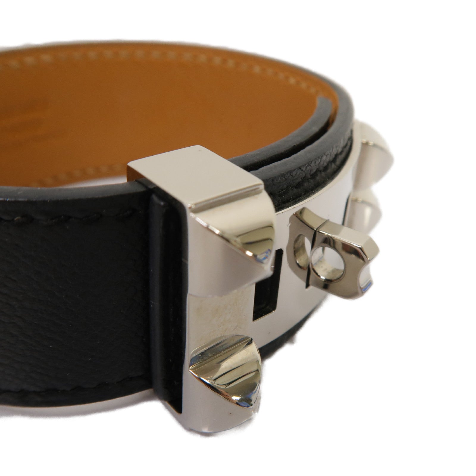 HERMES Epsom皮革/金屬Collier de Chien 24 Bracelet手鐲黒色/銀色