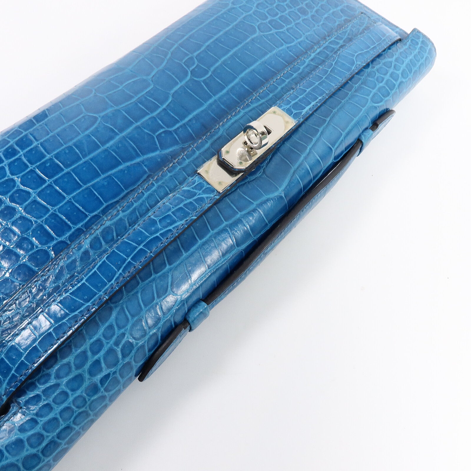 HERMES Porosus Crocodile Kelly Cut手拿包Bleu Izmir