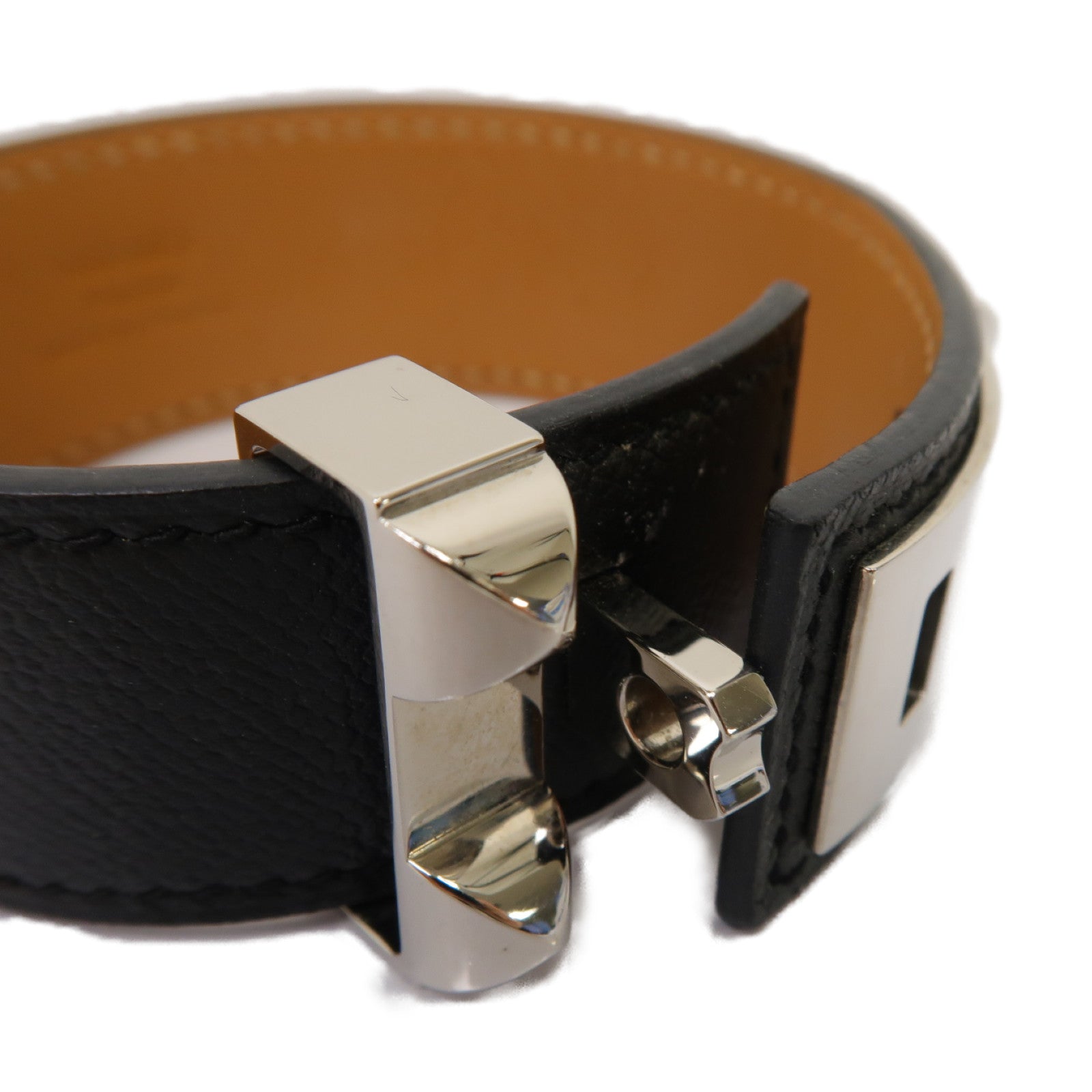 HERMES Epsom皮革/金屬Collier de Chien 24 Bracelet手鐲黒色/銀色