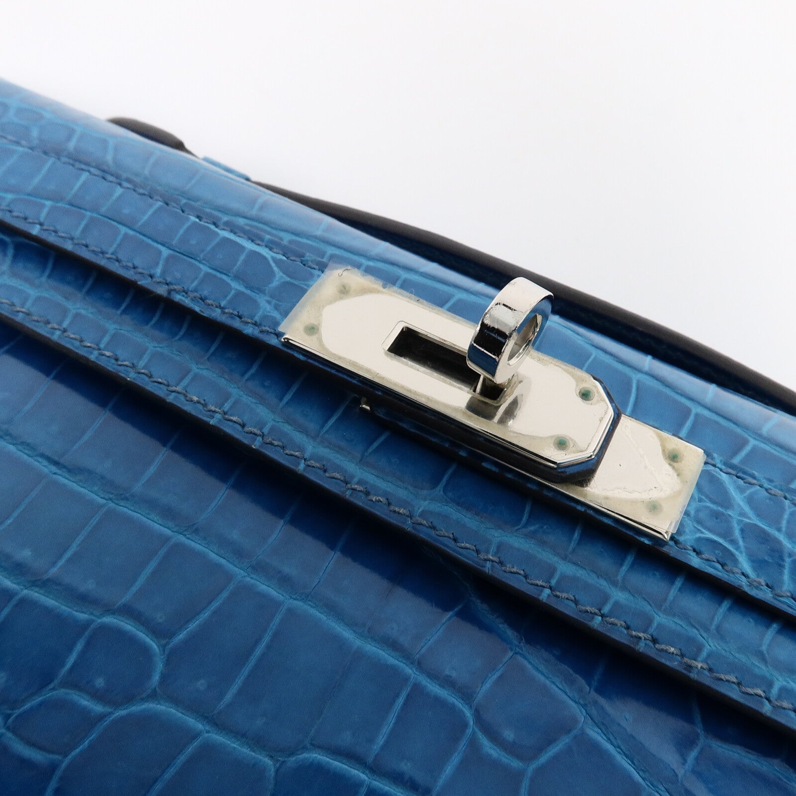 HERMES Porosus Crocodile Kelly Cut手拿包Bleu Izmir