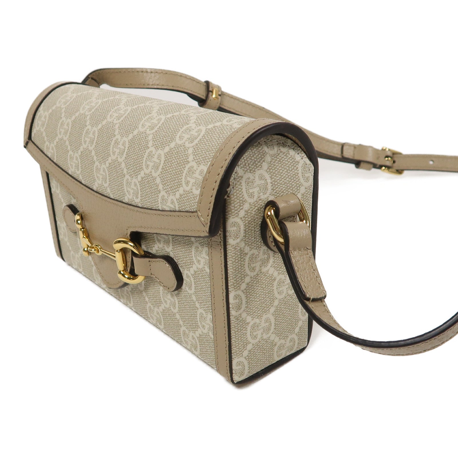 GUCCI 塗層帆布Horsebit 1955 Mini金扣肩背袋啡色/米色