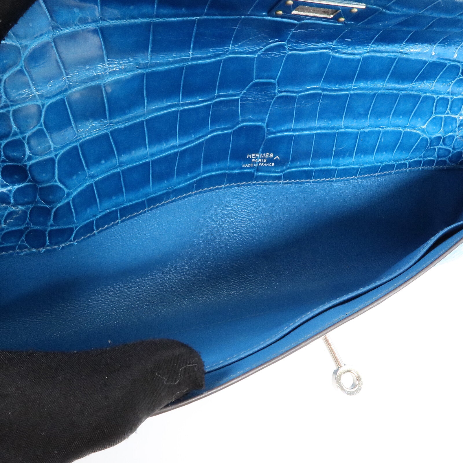HERMES Porosus Crocodile Kelly Cut手拿包Bleu Izmir