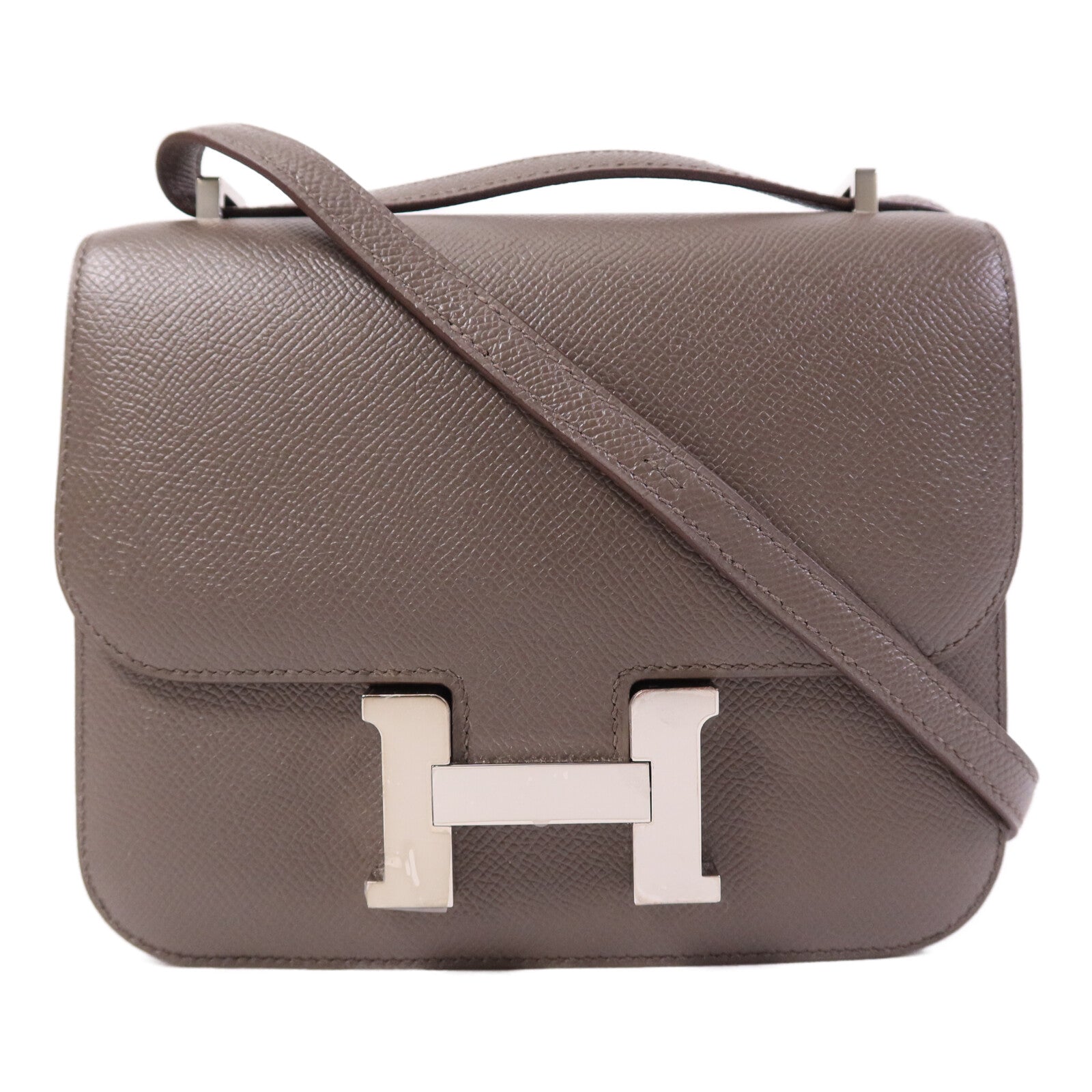 HERMES Epsom皮革Constance Mini銀扣肩背袋Etain