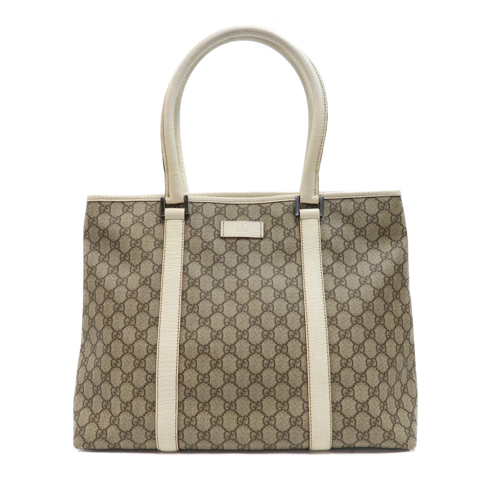 GUCCI 塗層帆布Tote Bag銀扣肩背袋啡色/白色