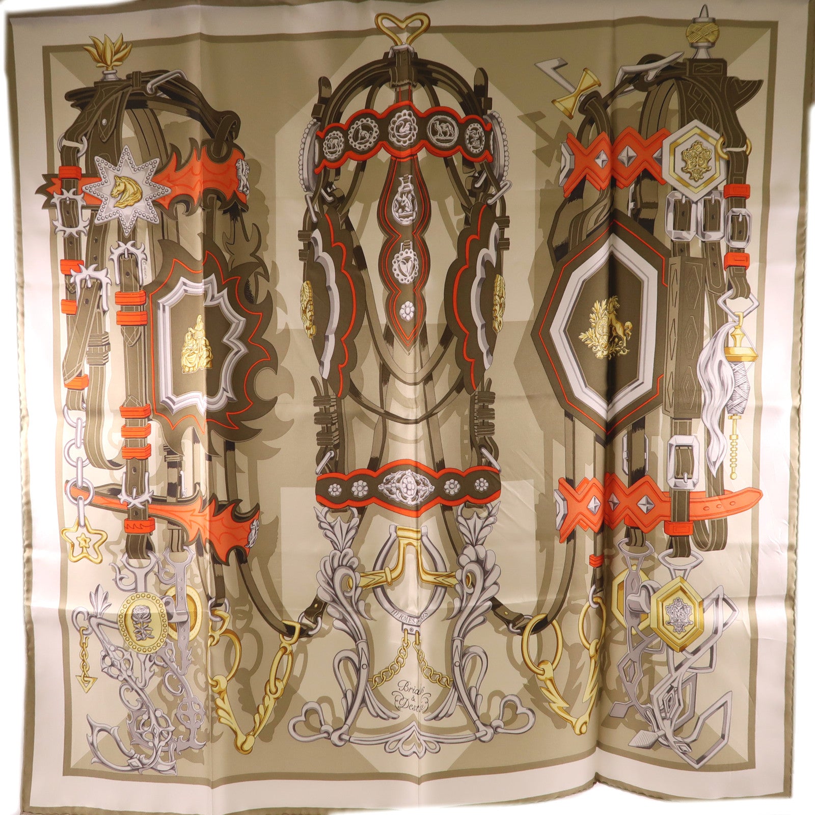 HERMES Scarf 90X90 Silk Brown Gray Red