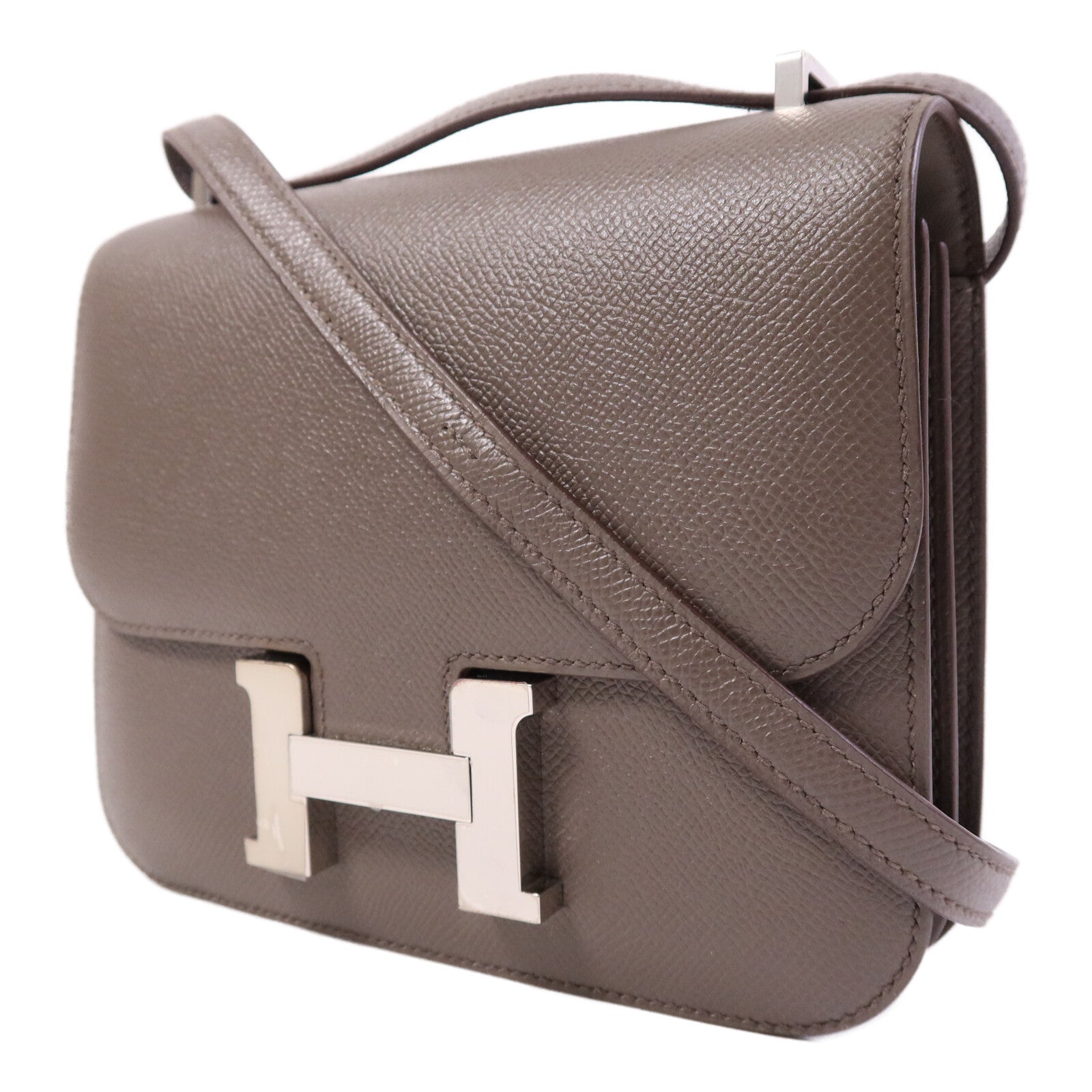 HERMES Epsom皮革Constance Mini銀扣肩背袋Etain