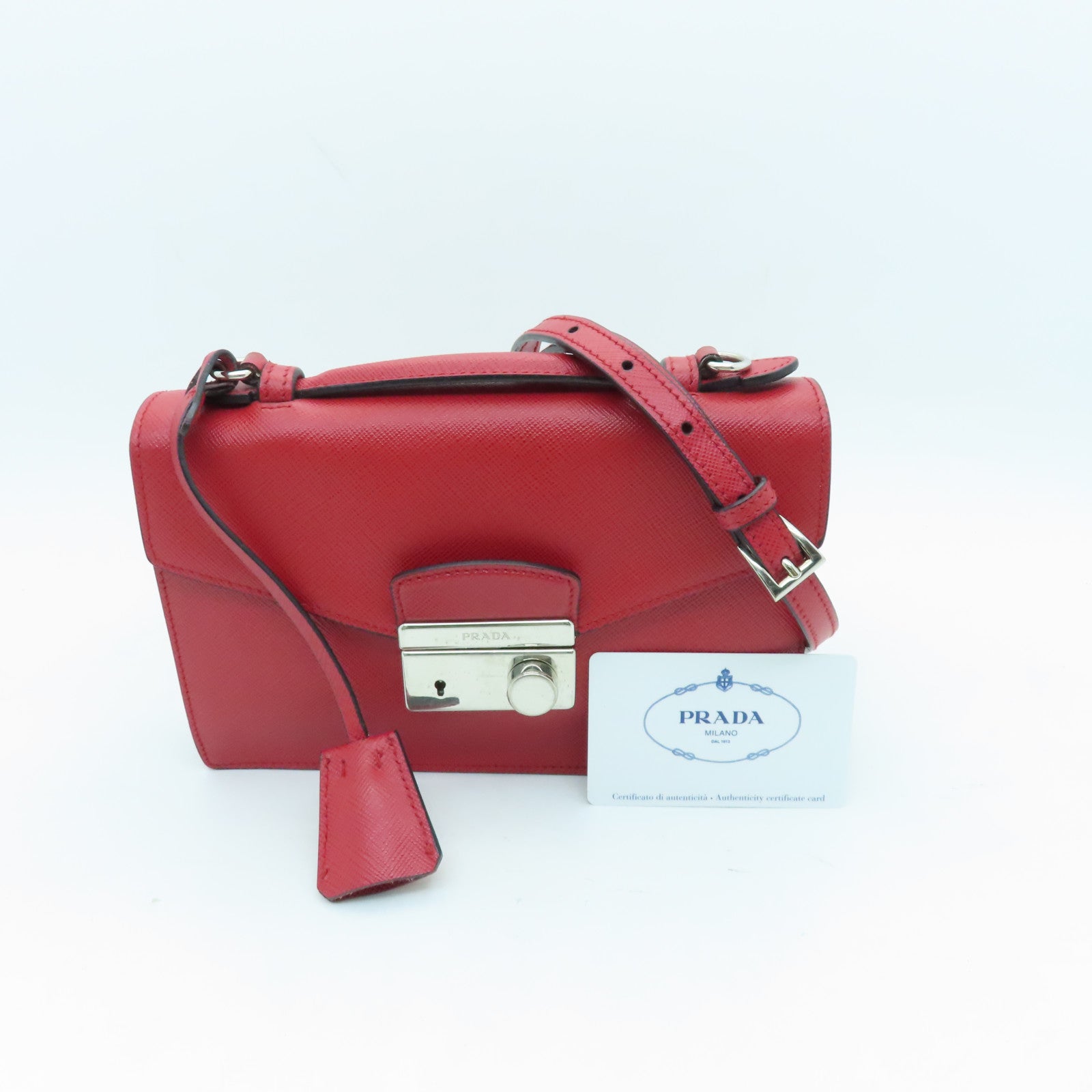 PRADA cowhide leather Shoulder Bag silver buckle handle shoulder bag red