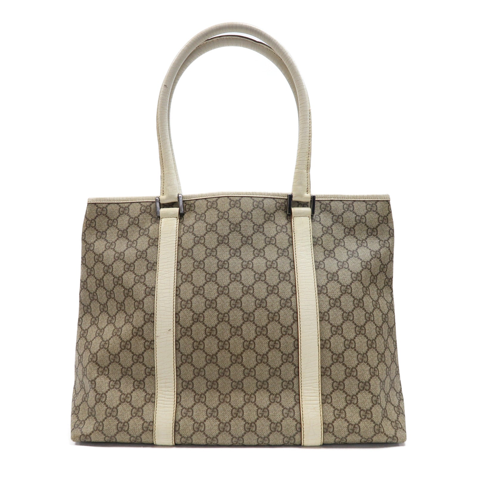 GUCCI 塗層帆布Tote Bag銀扣肩背袋啡色/白色