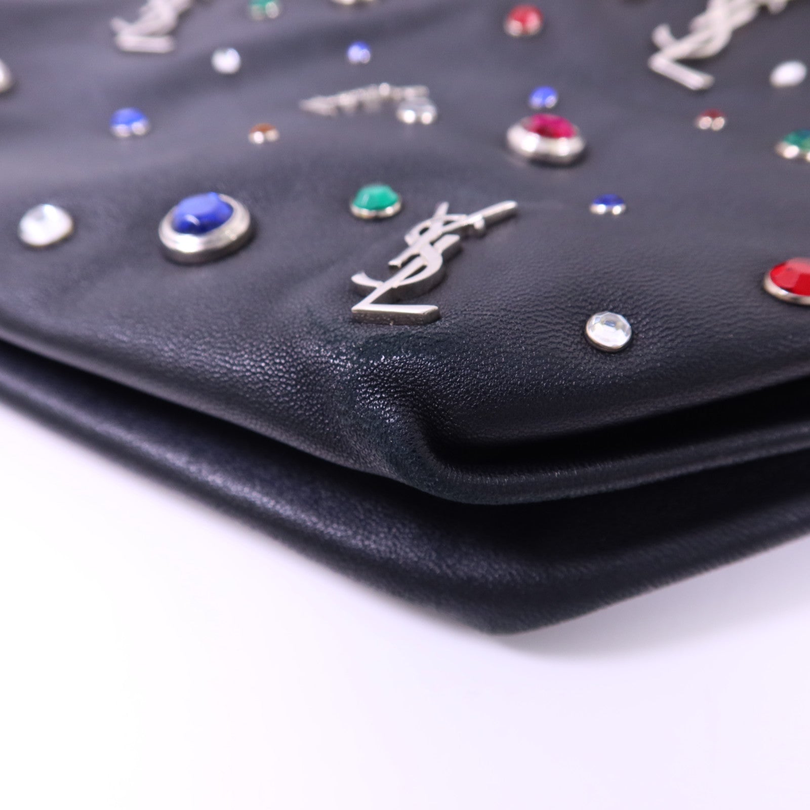 SAINT LAURENT 羊皮皮革Gem Stud Embellished Teddy銀扣鏈帶肩背袋