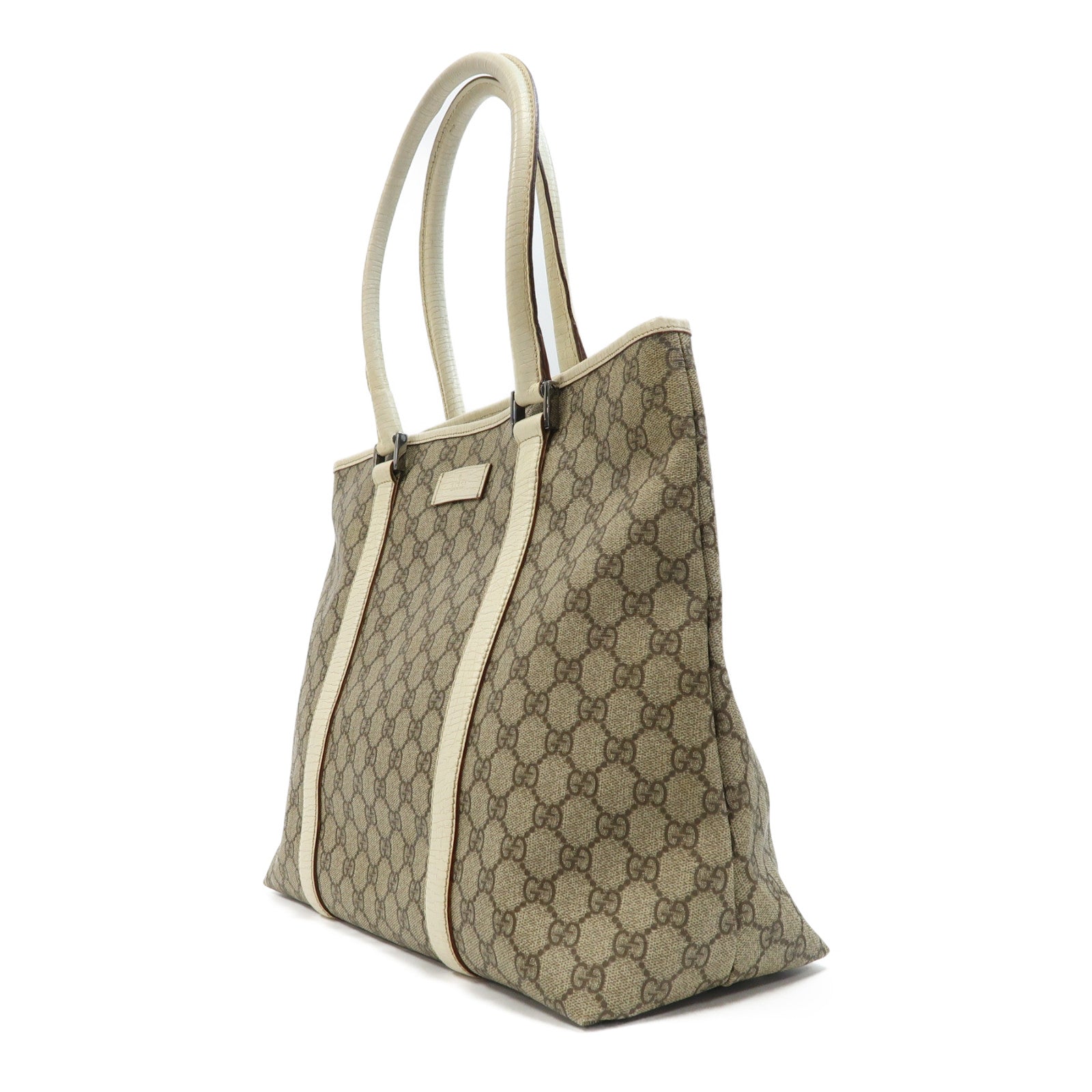 GUCCI 塗層帆布Tote Bag銀扣肩背袋啡色/白色
