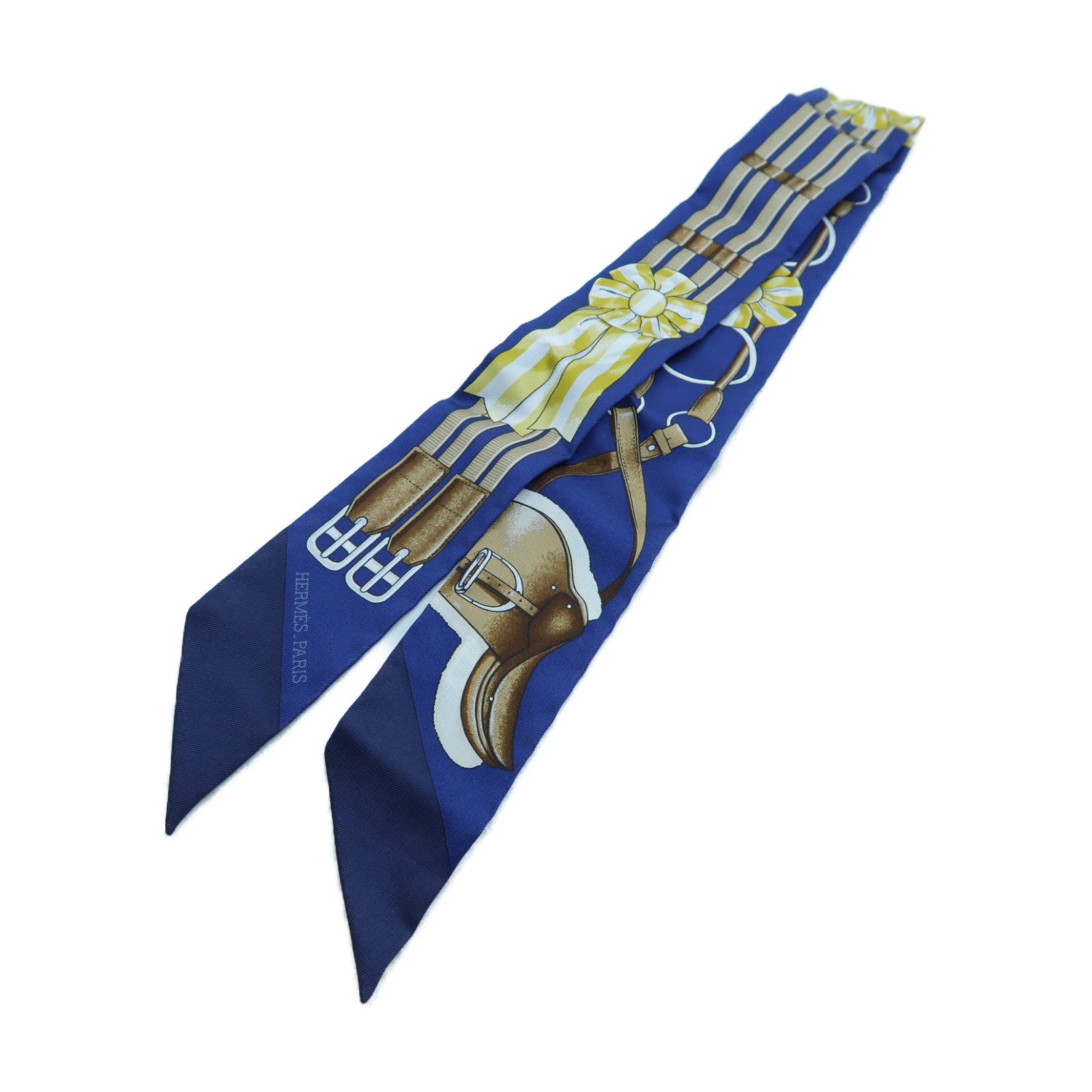 HERMES 【激減優惠】絲質Twilly絲巾深藍色/啡色/金色
