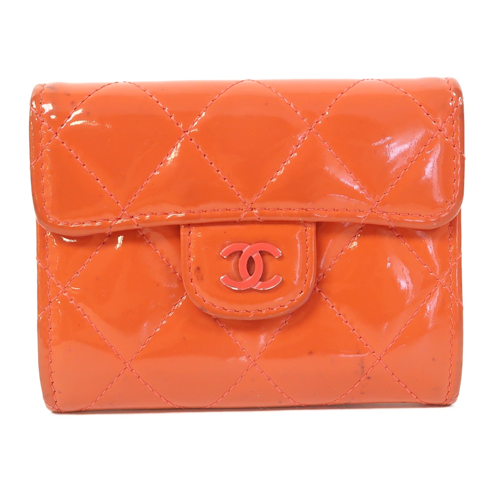 CHANEL 【激減優惠】菱格漆皮皮革Wallet銀扣錢包橙色