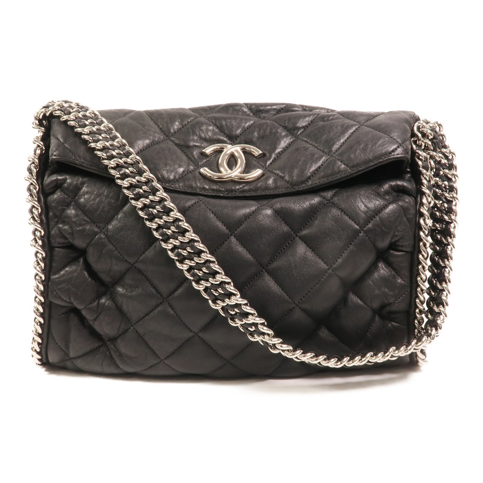 CHANEL 牛皮皮革Chain Around Hobo Bag銀扣鏈帶肩背袋